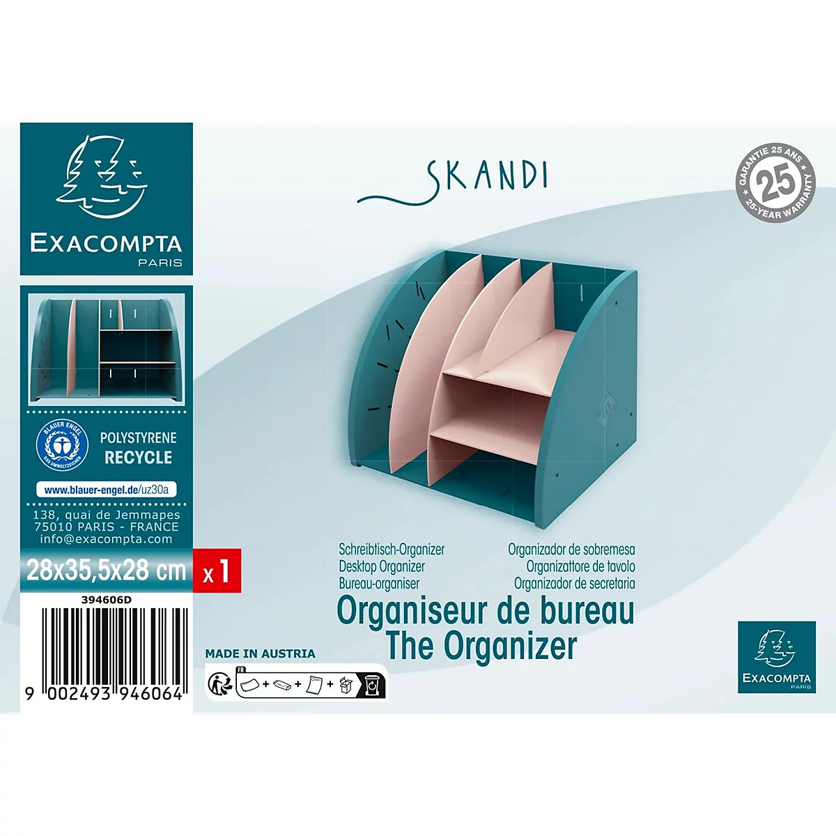 Organiseur de bureau bleu et rose avec plusieurs compartiments ; 'Organiseur de bureau - The Organizer' est écrit en dessous.