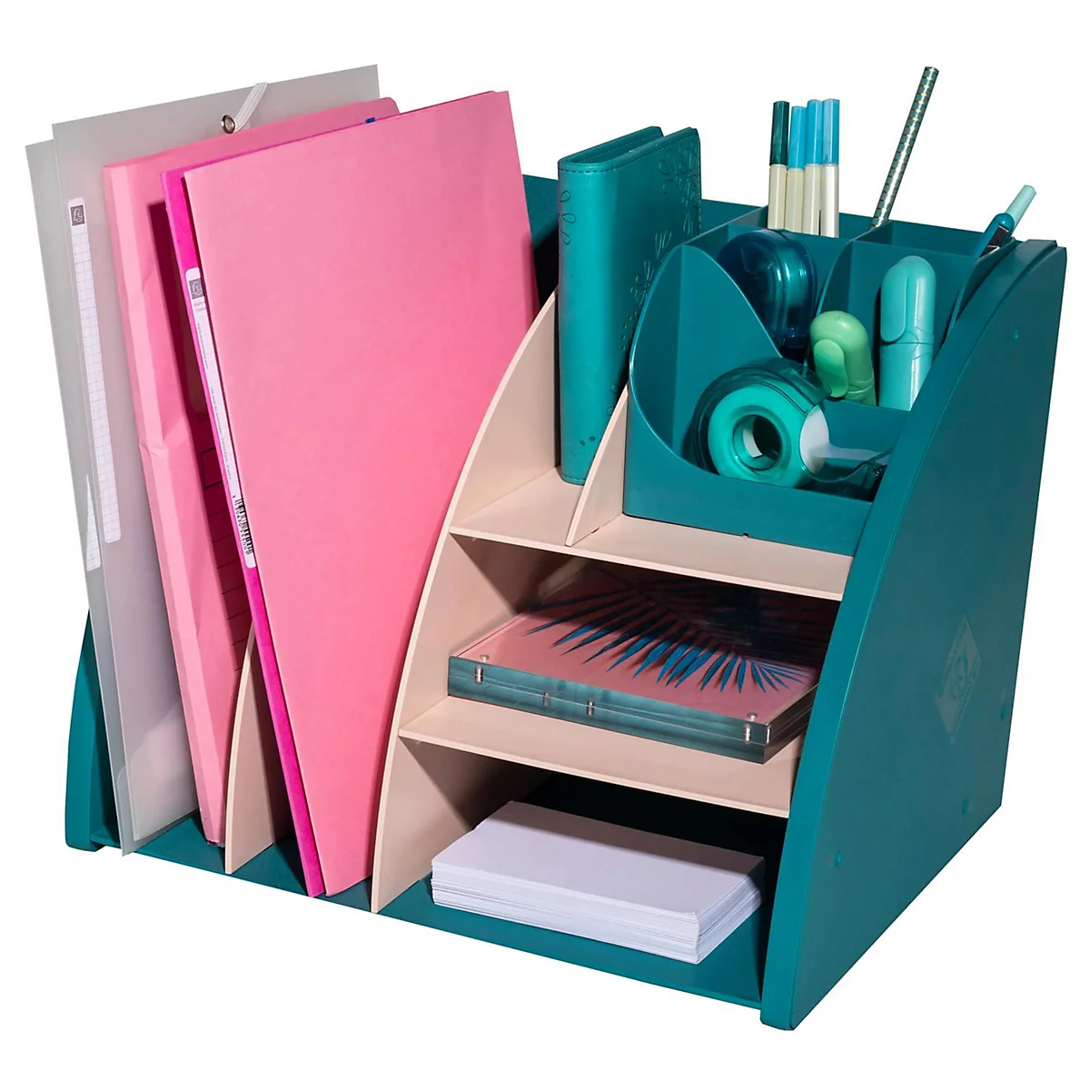 Organisateur de bureau turquoise avec des dossiers roses et gris clair, des stylos et des notes.
