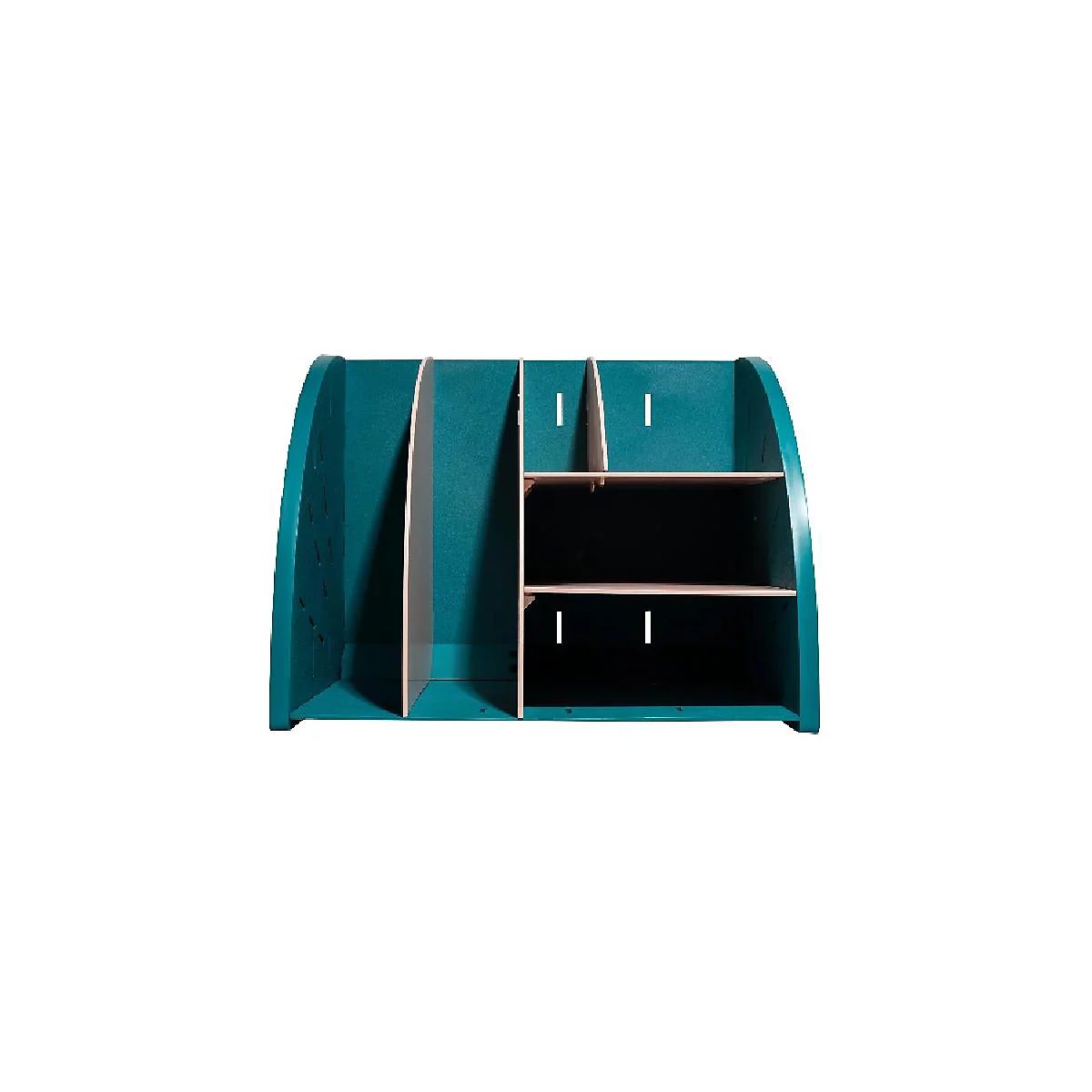 Organisateur de bureau turquoise avec compartiments et étagères, en forme de demi-cercle.