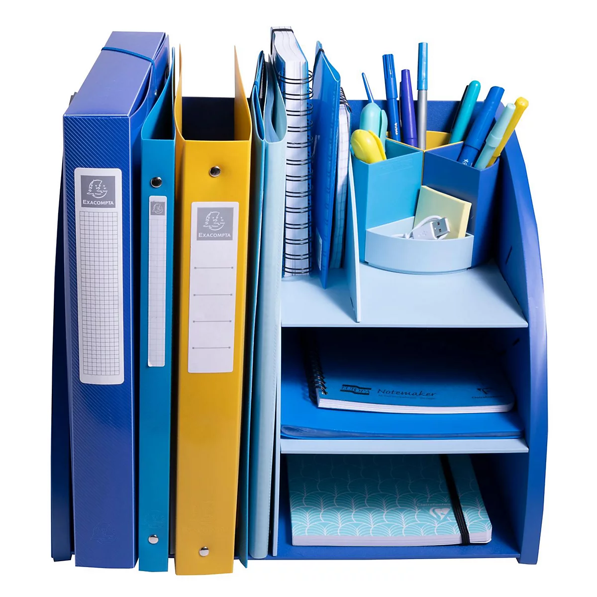 Blau-gelber Schreibtischorganizer mit Ordnern, Stiften und Notizbüchern.