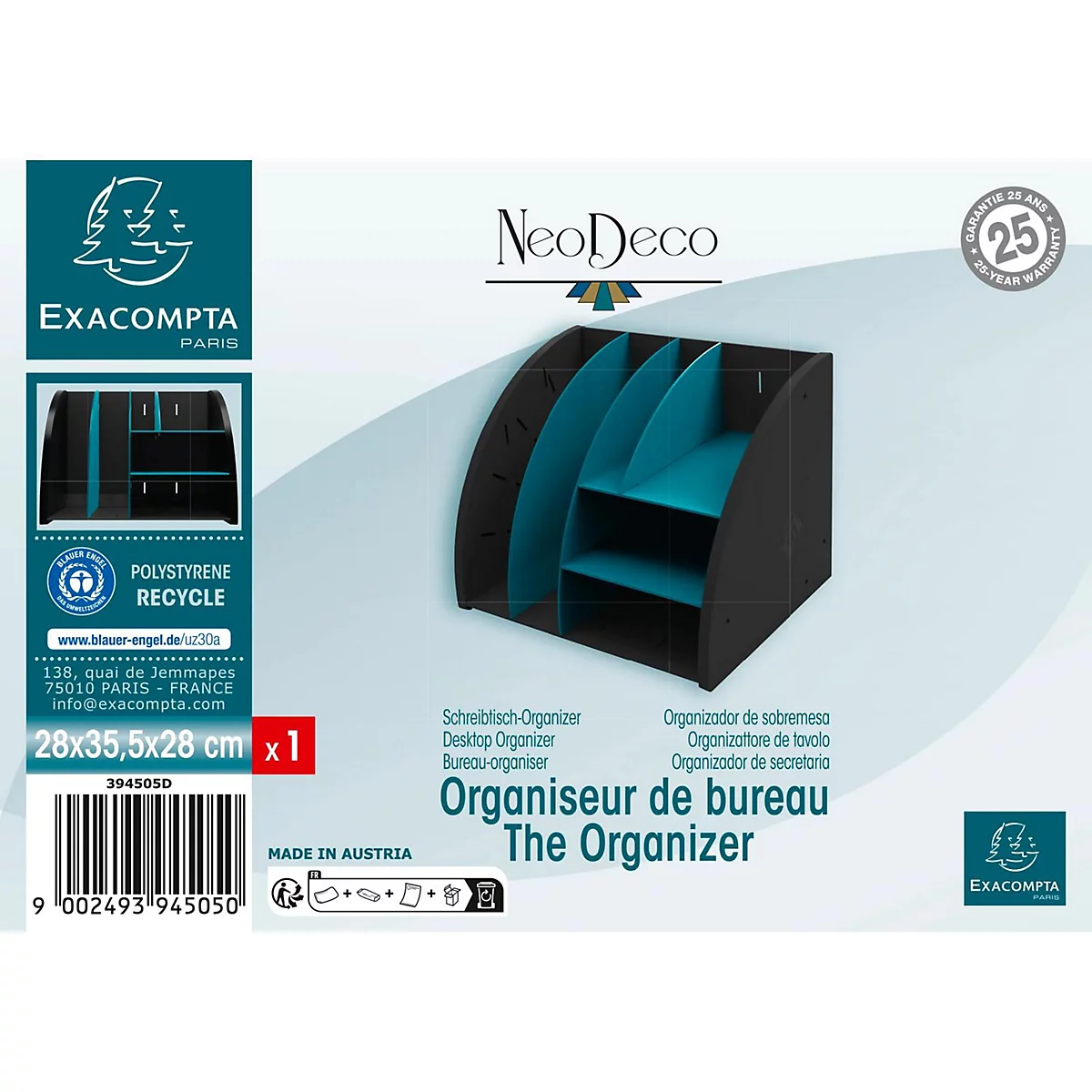 Organisateur de bureau noir et turquoise avec l'inscription "NeoDeco, The Organizer."