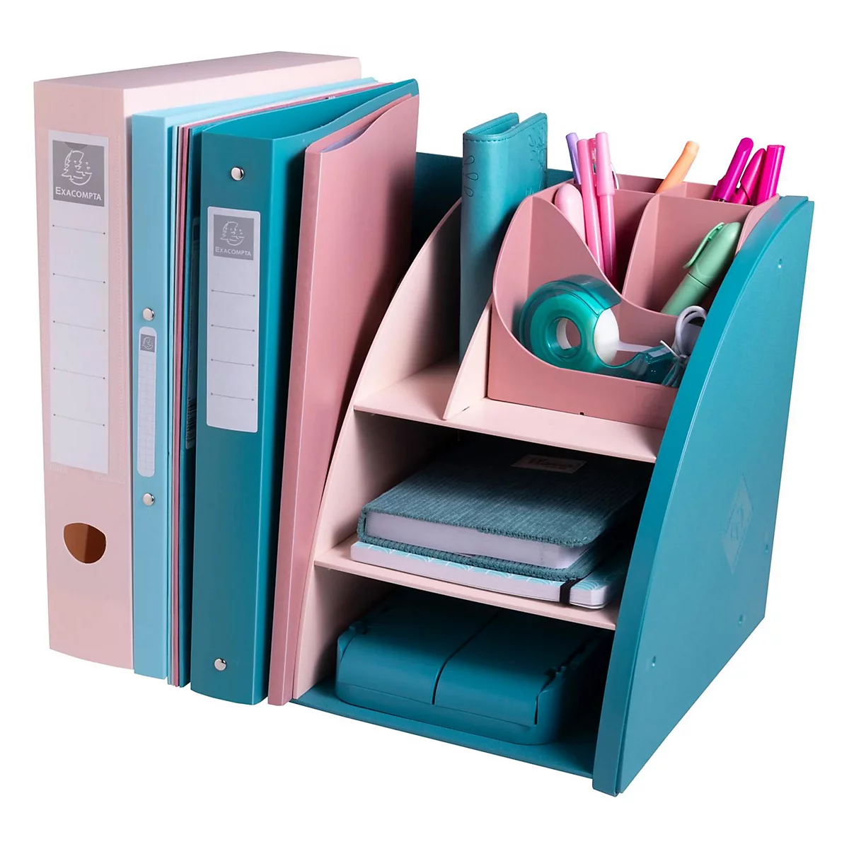 Hellblaues und rosa Organizer-Set mit Ordnern, Stiften und einem Notizbuch.