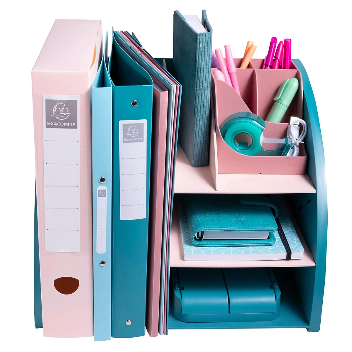 Büroorganizer mit pinken, grünen und blauen Akzenten, gefüllt mit Ordnern, Stiften und Notizbüchern.