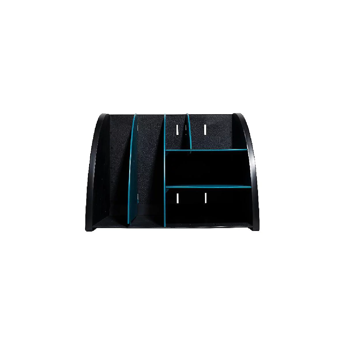 Schwarzer Schreibtisch-Organizer mit mehreren Fächern, türkisfarbene Akzente.