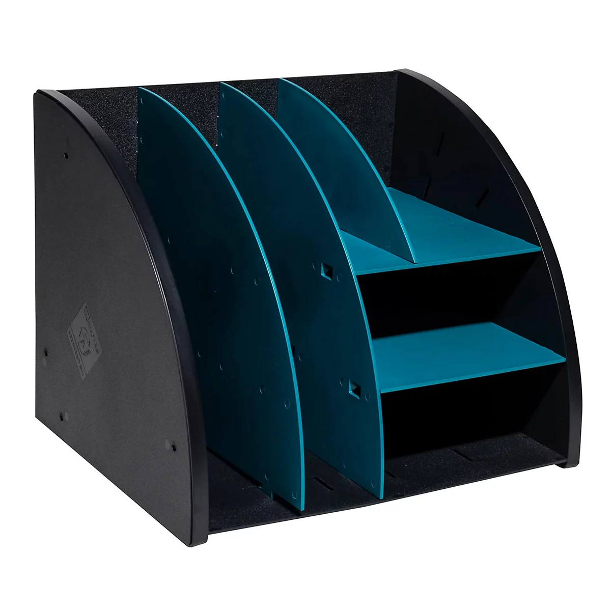 Schwarzer, gewölbter Schreibtisch-Organizer mit teal farbenen Trennwänden.