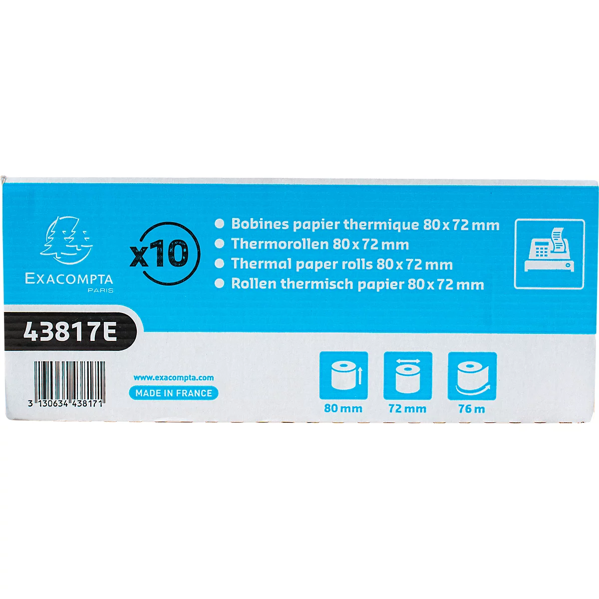 Verpakking van 10 thermische papierrollen, afmetingen 80x72 mm. Inscriptie: Exacompta, 43817E, gemaakt in Frankrijk.