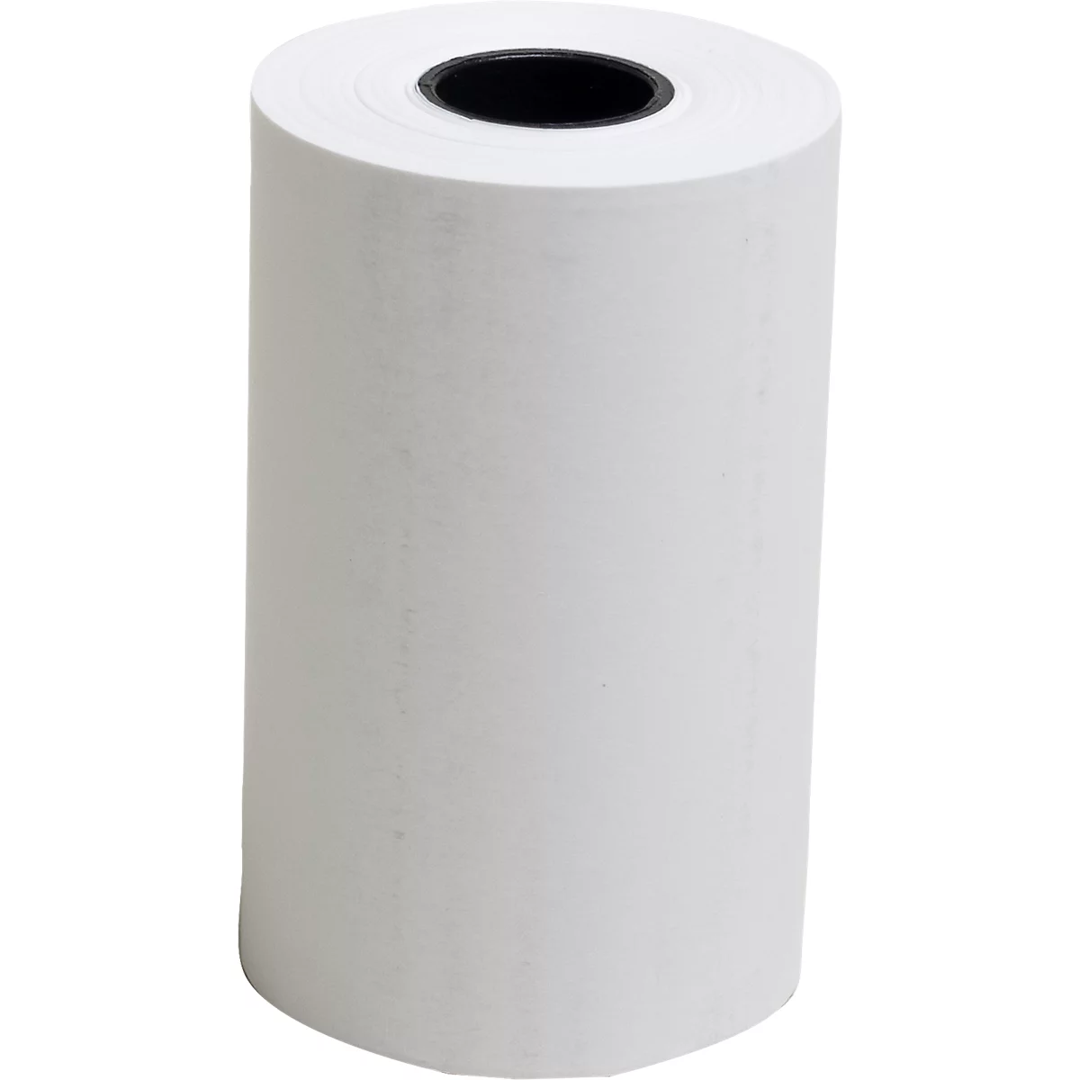 Papierrolle für Kassensysteme, weiss. Schwarzer Kern, zylindrische Form.
