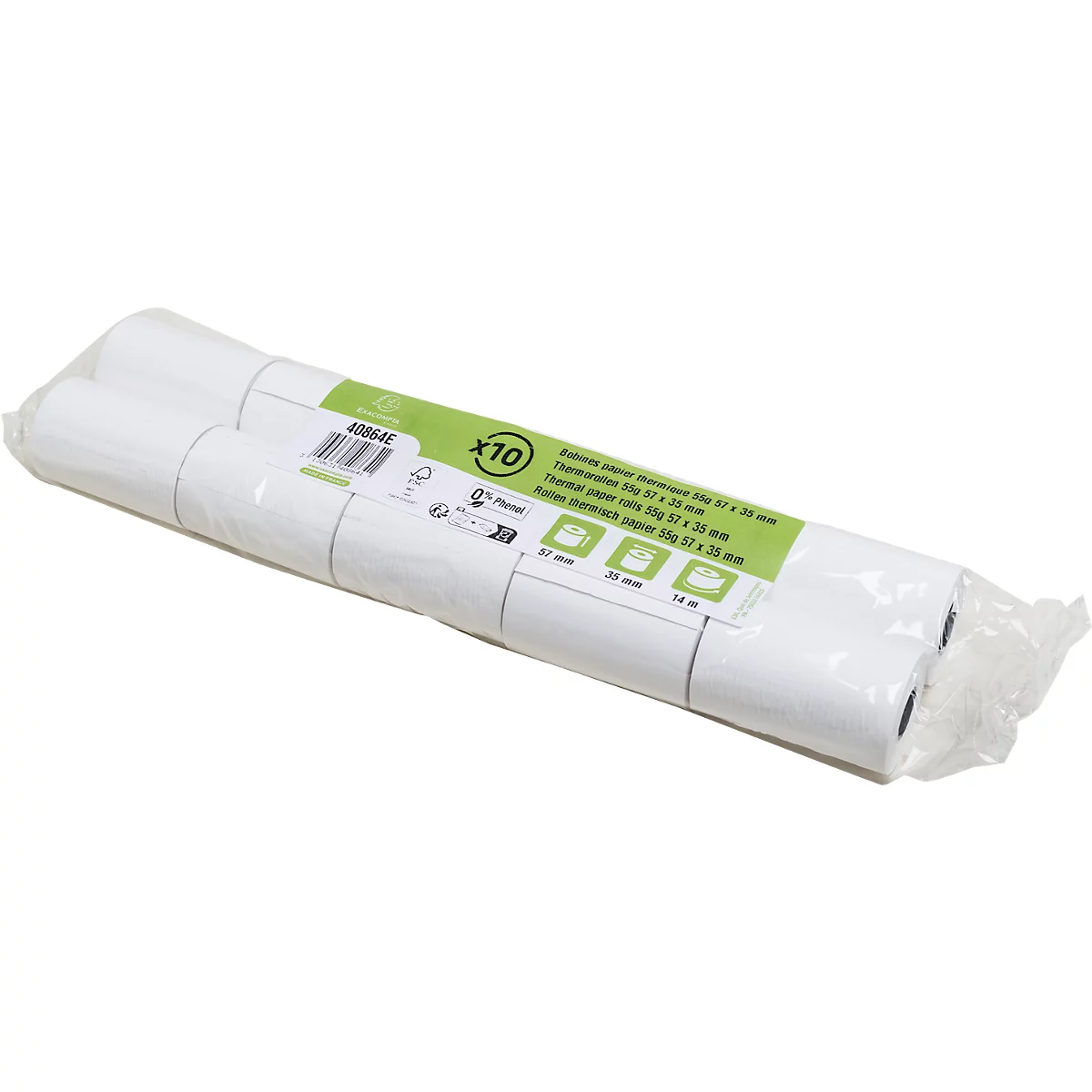 Packung mit zehn Thermopapierrollen, weiss, mit grüner Beschriftung. Aufschrift "x10" und Produktinformationen.