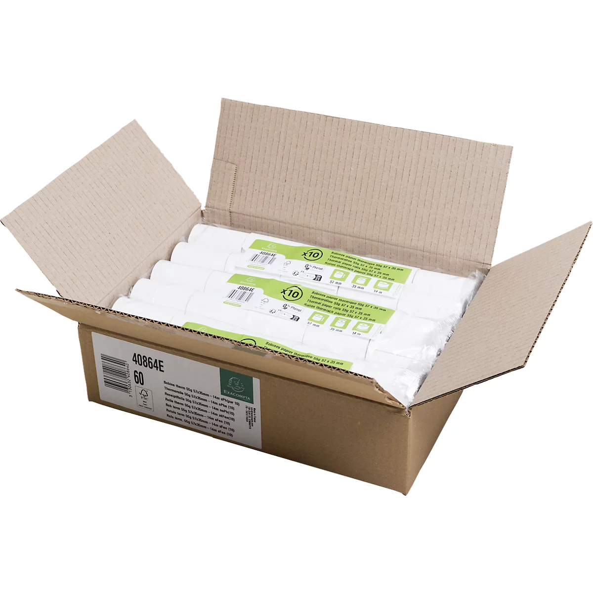 Geöffnete Pappschachtel mit weiss verpackten Rollen. Auf der Schachtel sind Informationen aufgedruckt.