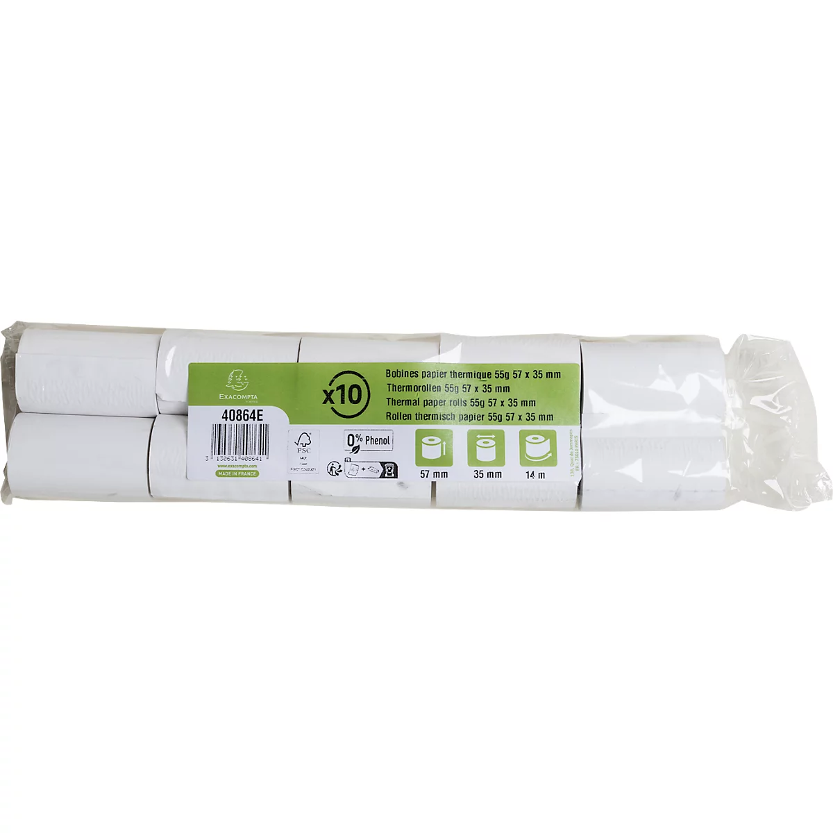 Ein Paket mit 10 Rollen Thermopapier. Es ist weiss, in Folie verpackt und mit grünen und weissen Etiketten versehen.