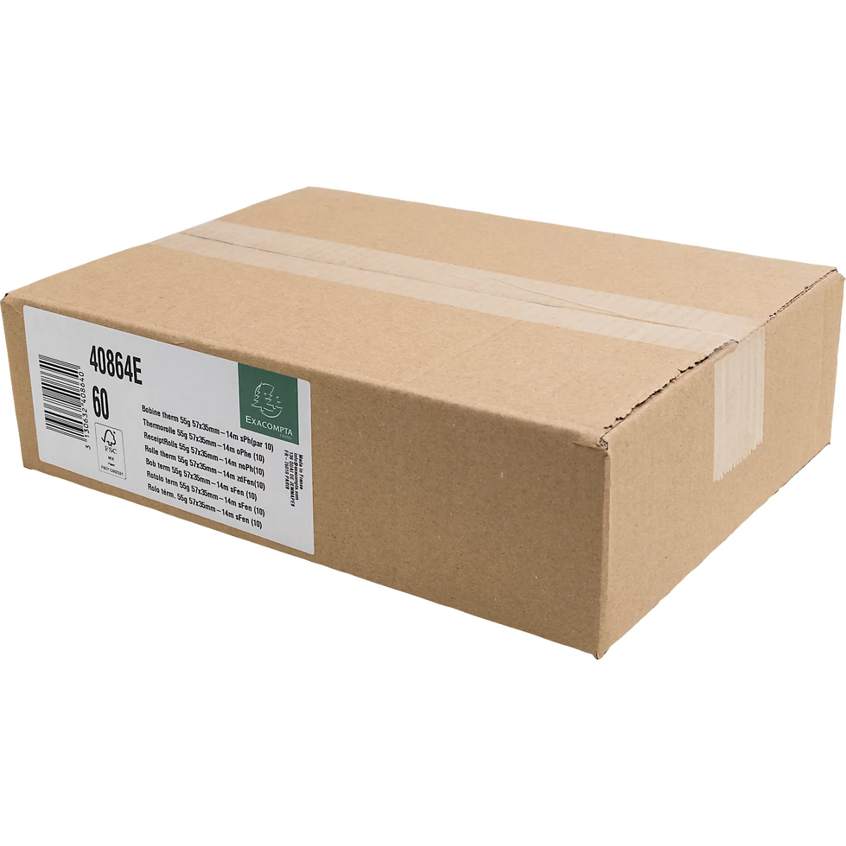 Ein geschlossener Karton, beschriftet mit Produktinformationen.