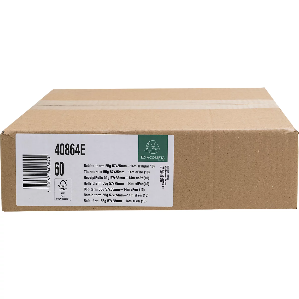 Karton mit Etikett. Aufschrift: 40864E, 60, Exacompta und Text. Braune Verpackung, weisses Etikett.
