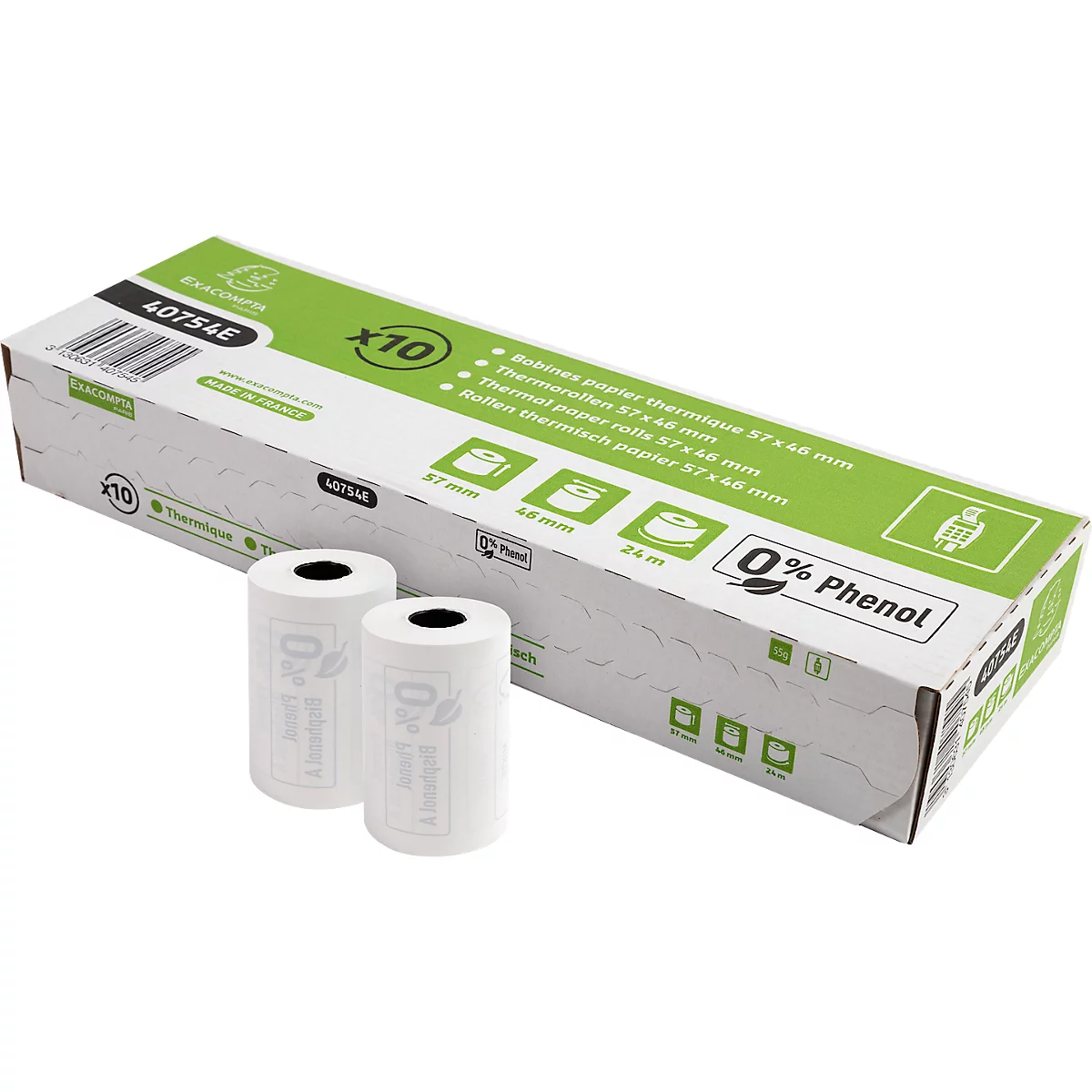 Weisse Thermorollen und ein Karton mit grünen Akzenten, 0% Phenol Aufdruck.