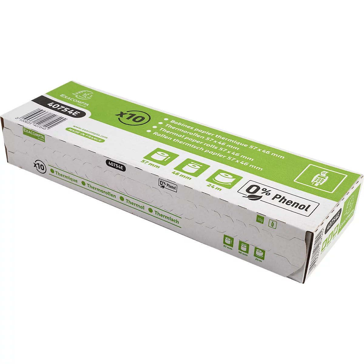Eine rechteckige, weiss-grüne Schachtel mit Aufschrift "x10" und "0% Phenol". Enthält Thermopapierrollen.
