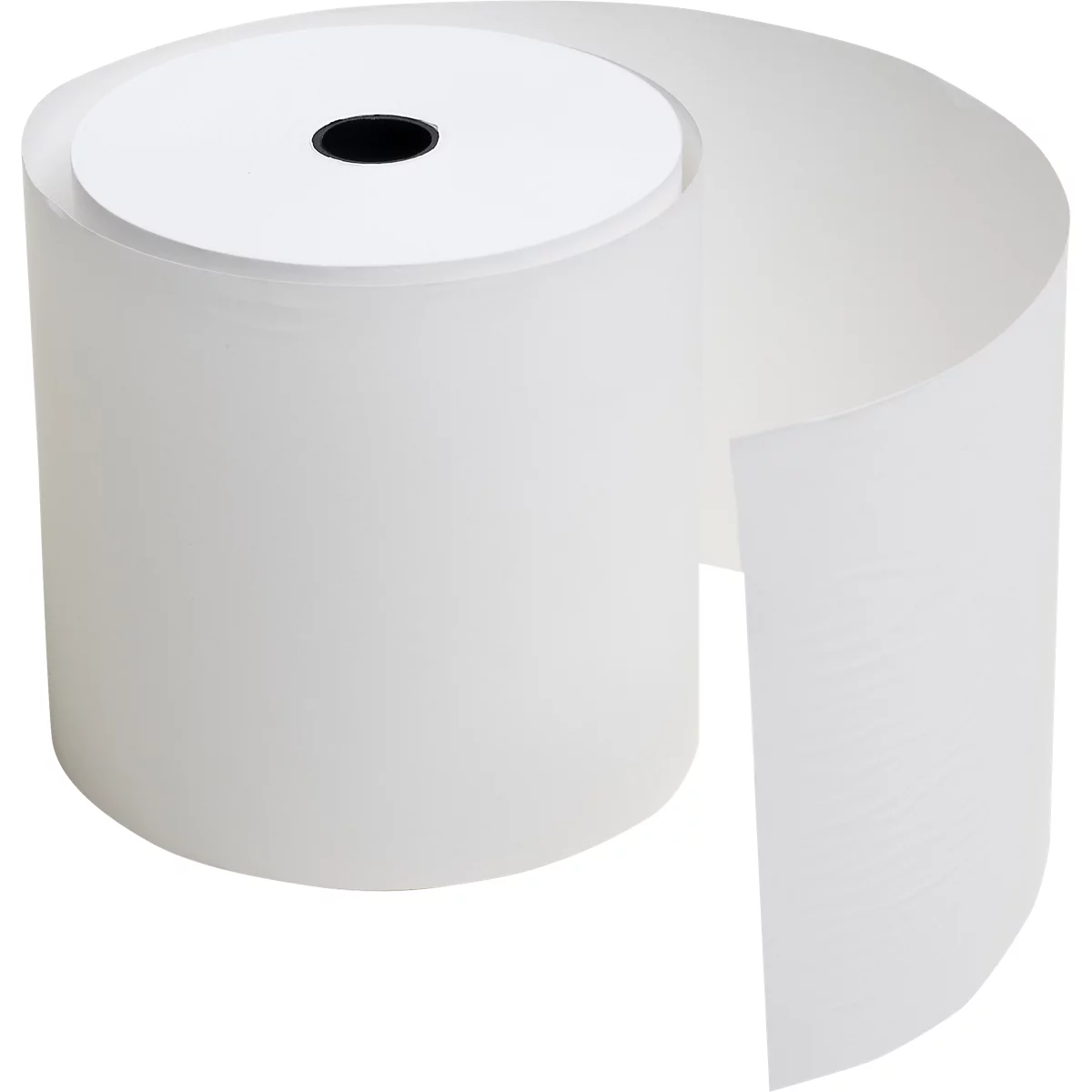 Papierrolle mit abgerolltem Papier. Das Papier ist weiss und aufgerollt.