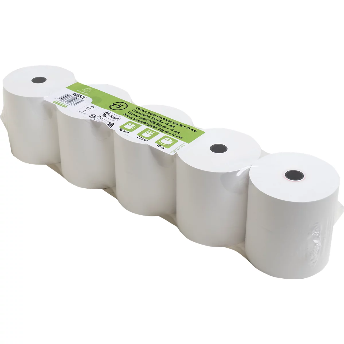 Weisse Papierrollen in Folie verpackt. Aufdrucke mit Produktinformationen.