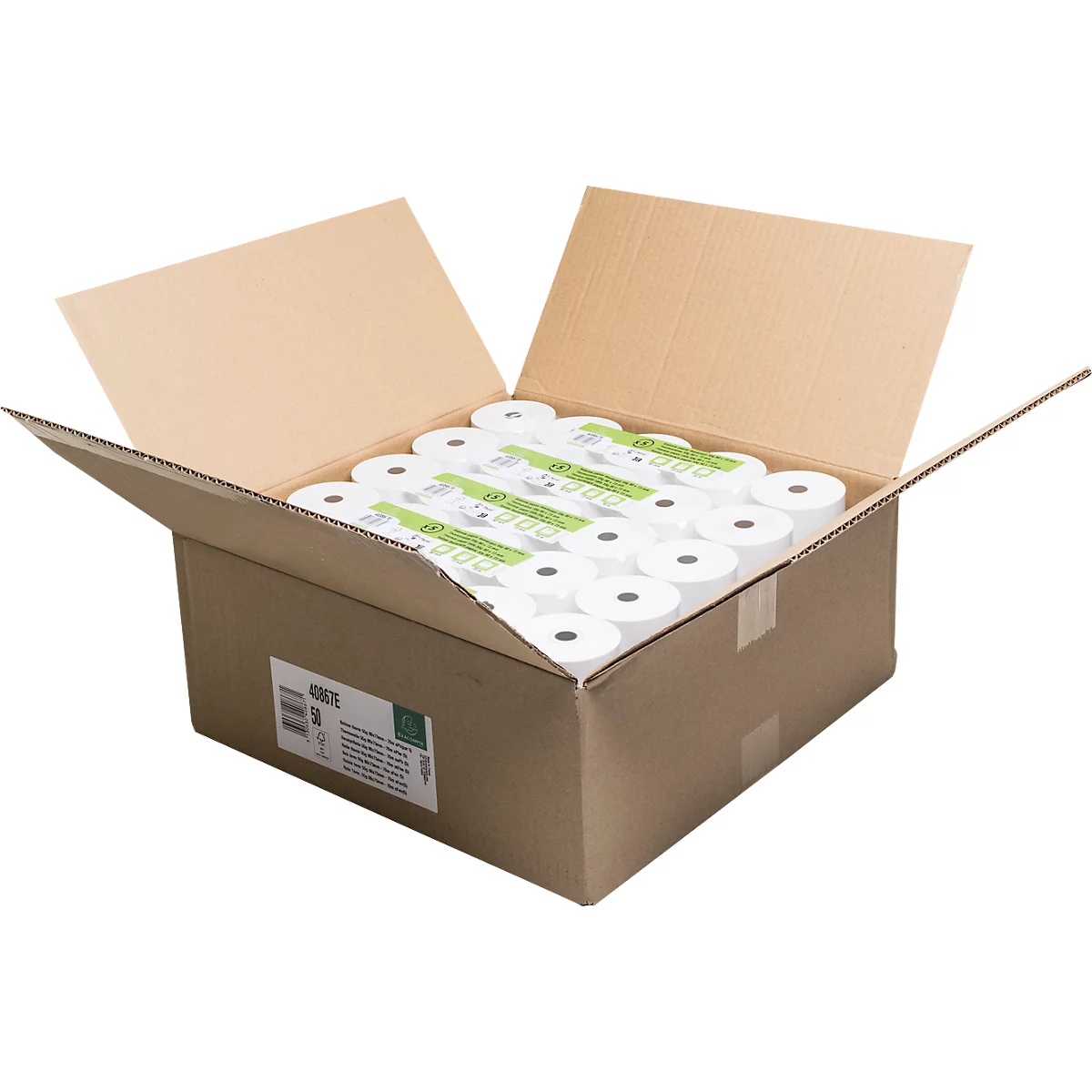 Offener Karton mit Rollen Thermopapier, darauf Etiketten. Oben im Karton sind die Deckel offen.