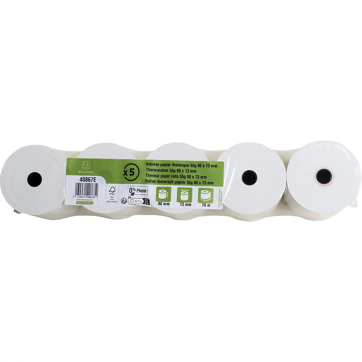 Fünf Rollen Thermopapier, verpackt in Folie. Aufdruck mit Produktangaben.