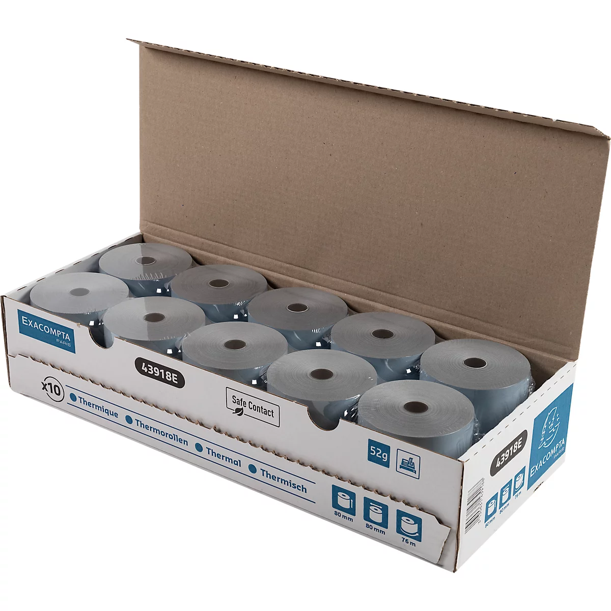 Ein Karton mit zehn Thermorollen, geöffnet. Die Rollen sind in Folie verpackt.