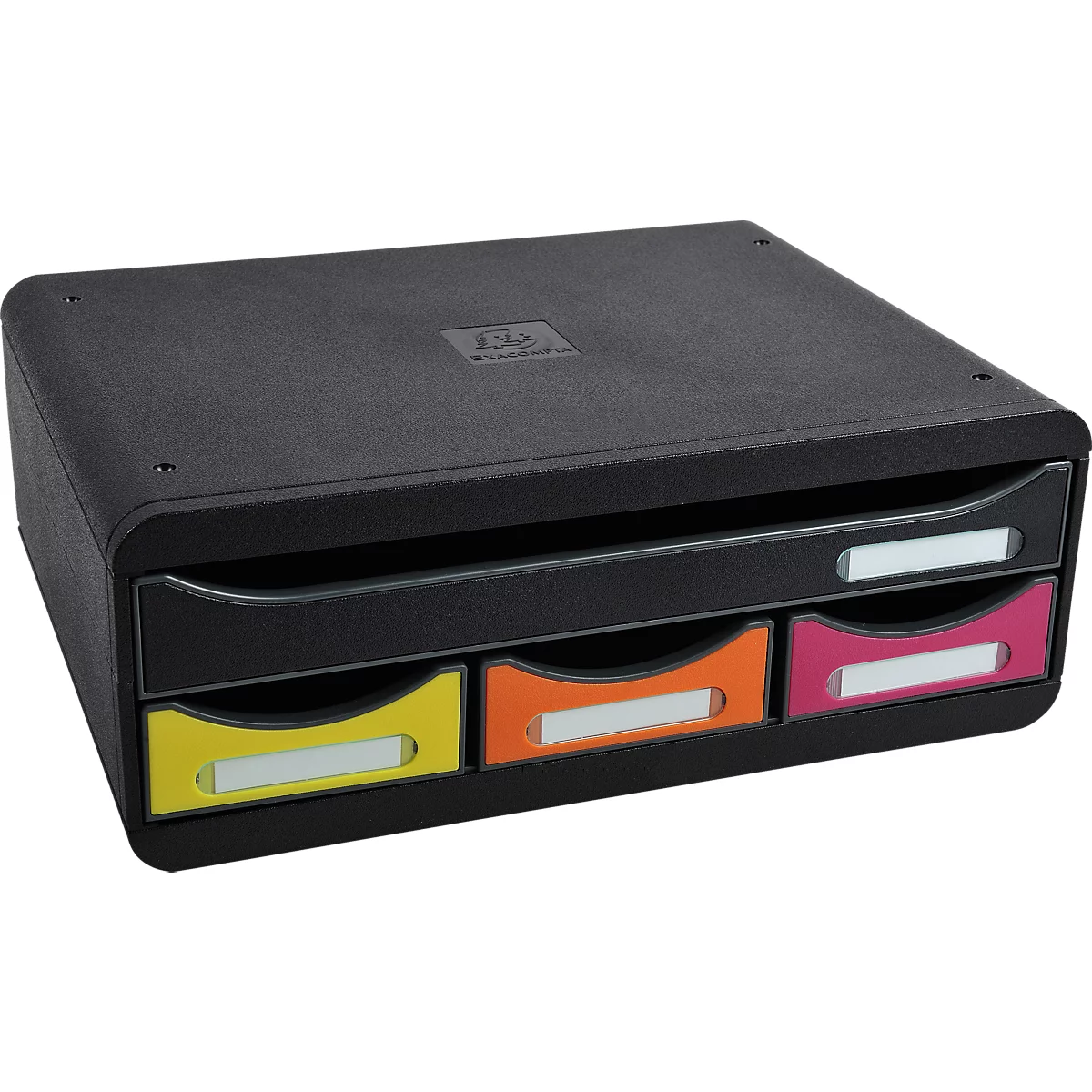 Organisateur de documents noir avec tiroirs colorés. Jaune, orange et rose. Champs d'étiquetage blancs.