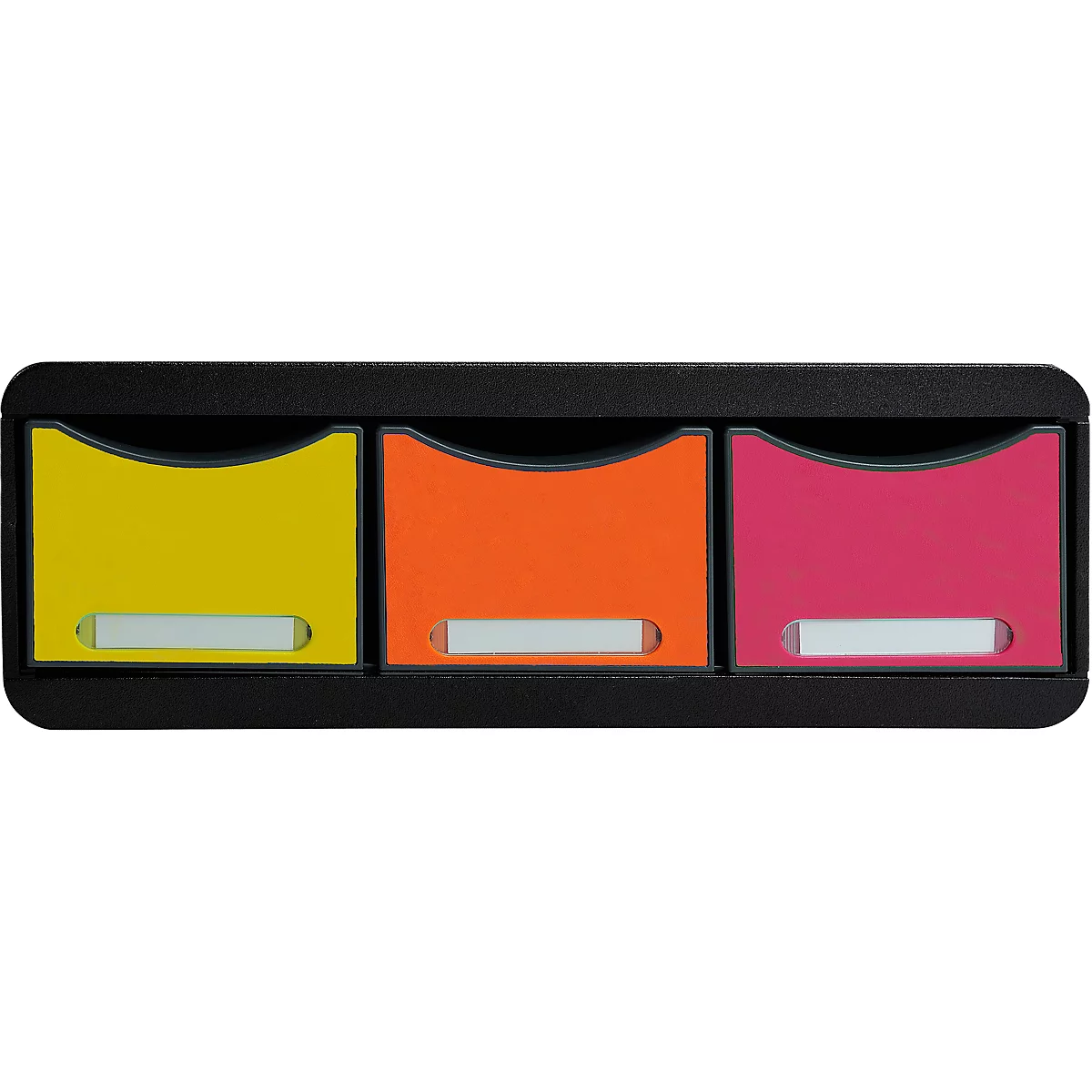 Système de tiroirs noir avec tiroir jaune, orange et rose. Chaque tiroir possède un champ d'étiquette blanc.