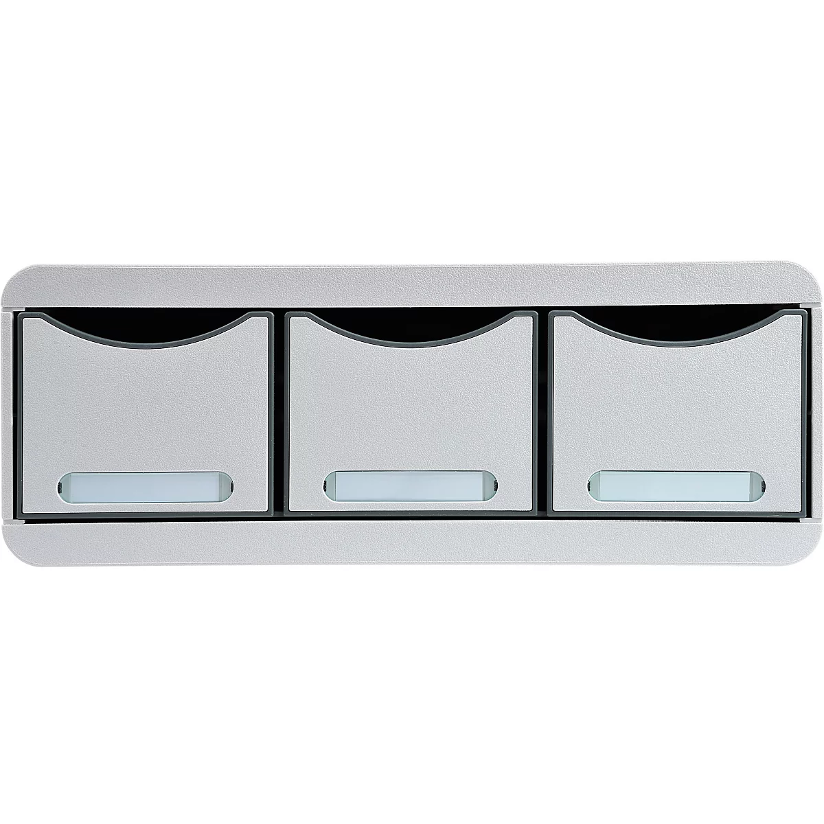 Distributeur rectangulaire gris avec trois compartiments, coins arrondis et poignées.