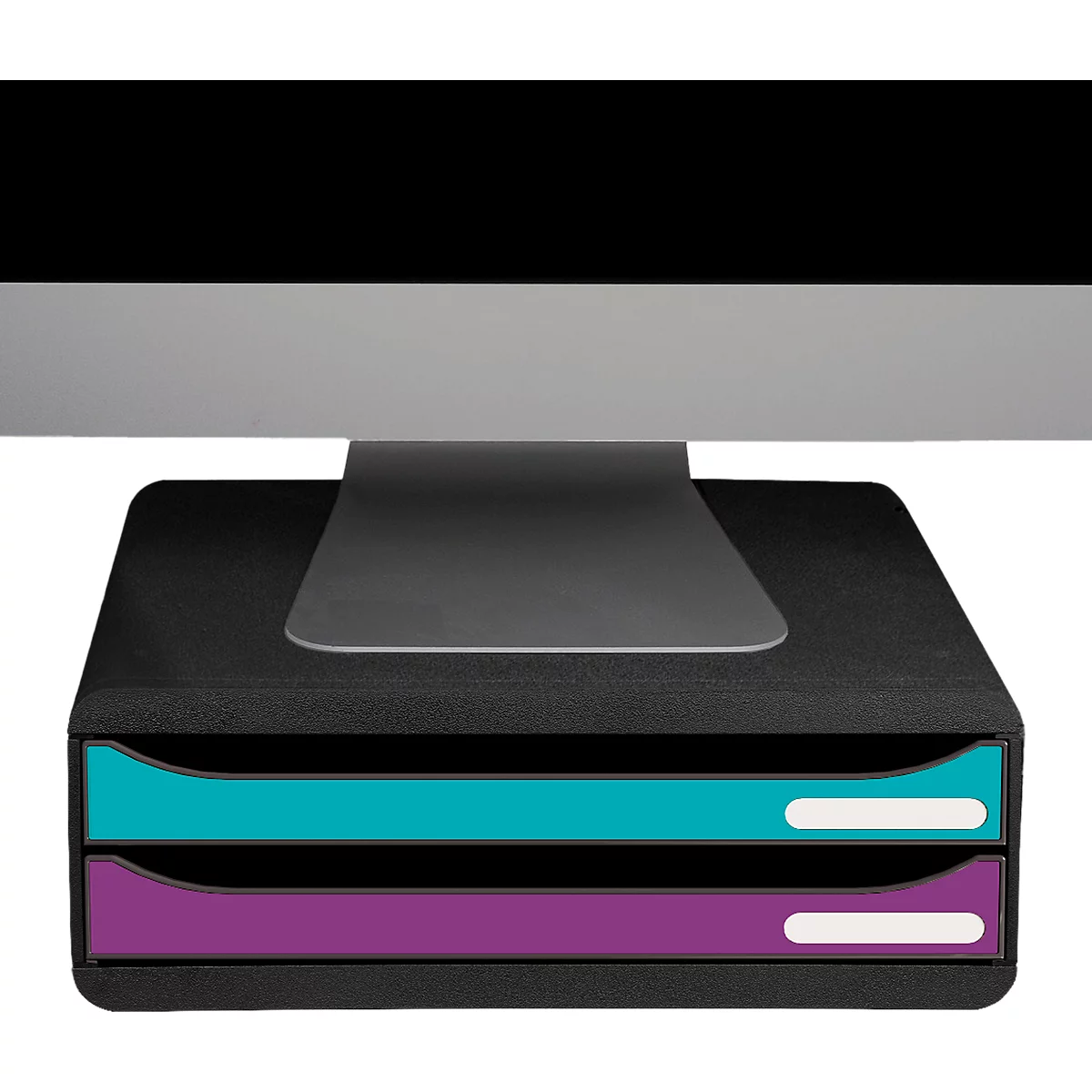Zwarte monitorstandaard met een turquoise en een paarse lade onder een computerscherm.
