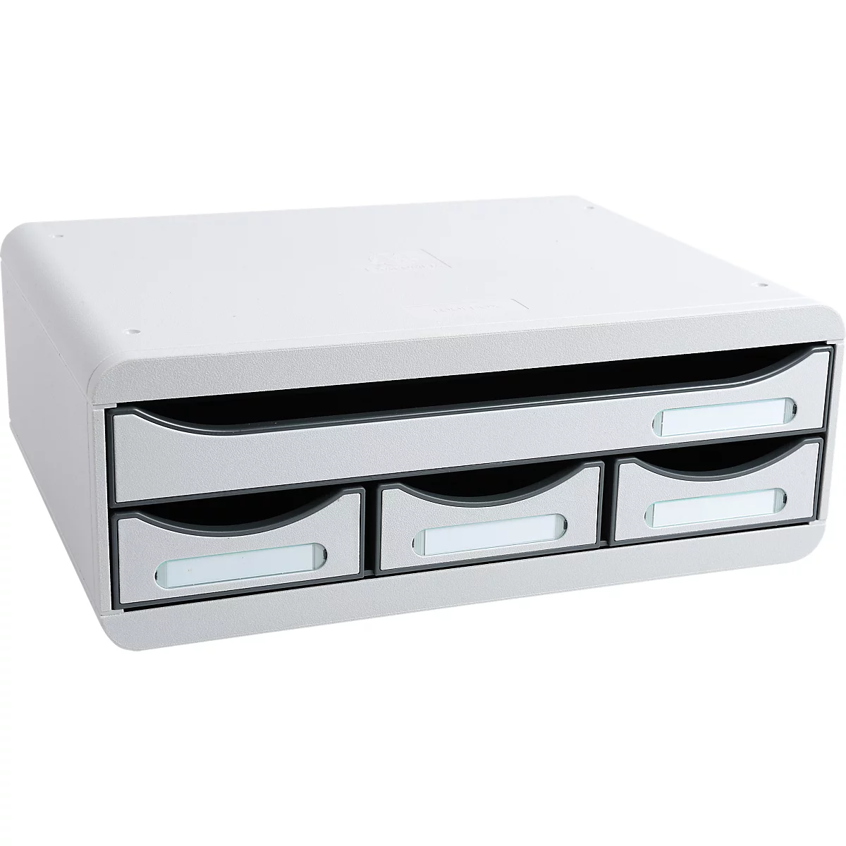 Hellgrauer Schubladenschrank mit drei Schubladen und Beschriftungsfeldern.