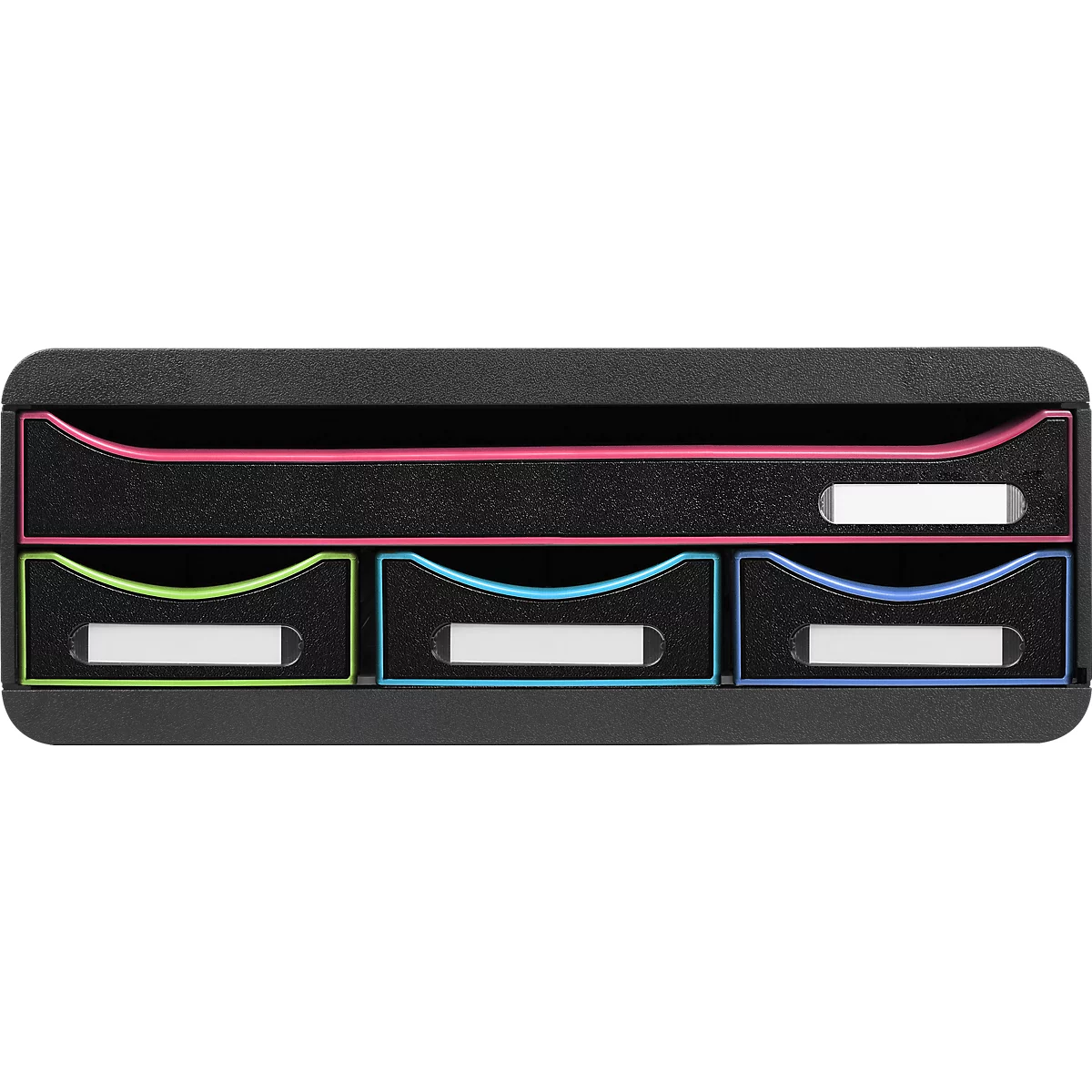 Schwarze Schubladenbox mit farbigen Akzenten: rosa, grün und blau. Weiße rechteckige Beschriftungsfelder.