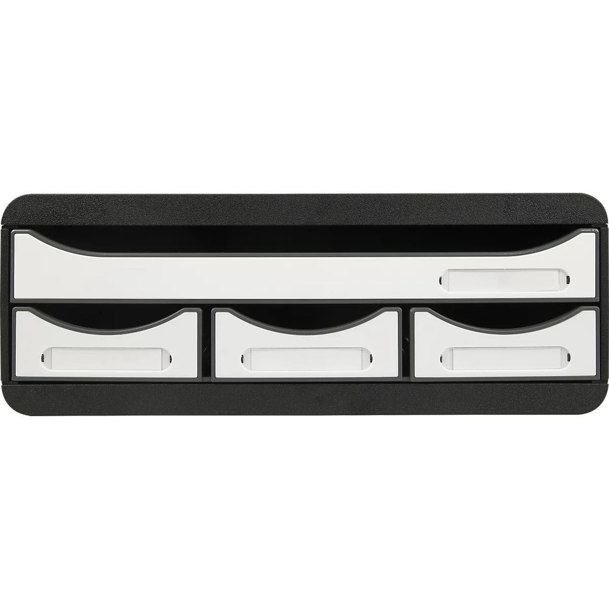 Schwarzer Büro-Organizer mit drei Schubladen und einem Fach. Weiß gehaltene Schubladen und Fach mit griffartigen Aussparungen.