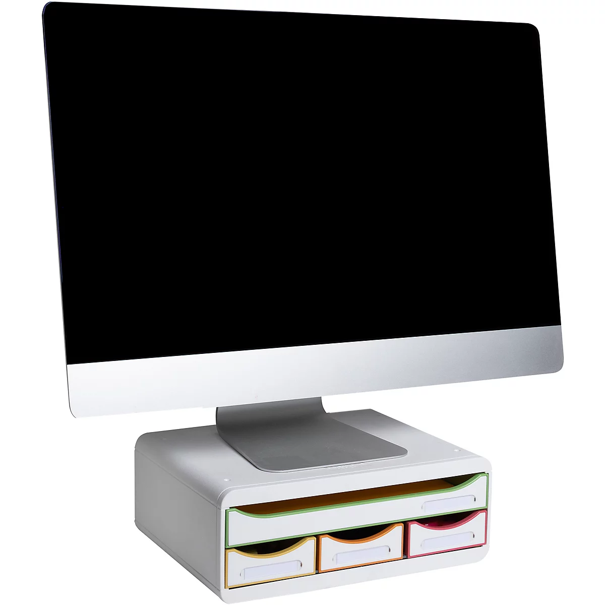 Ein iMac-Bildschirm steht auf einem weißen Schubladensockel mit farbigen Schubladen.