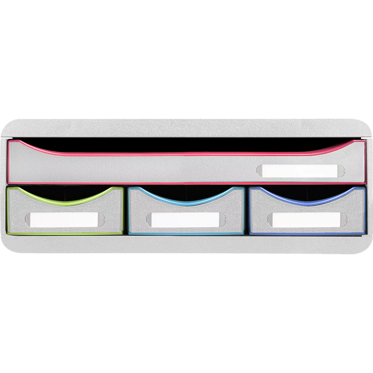 Mehrfarbiger Schubladenschrank mit drei kleineren Schubladen unten und einer größeren Schublade oben.