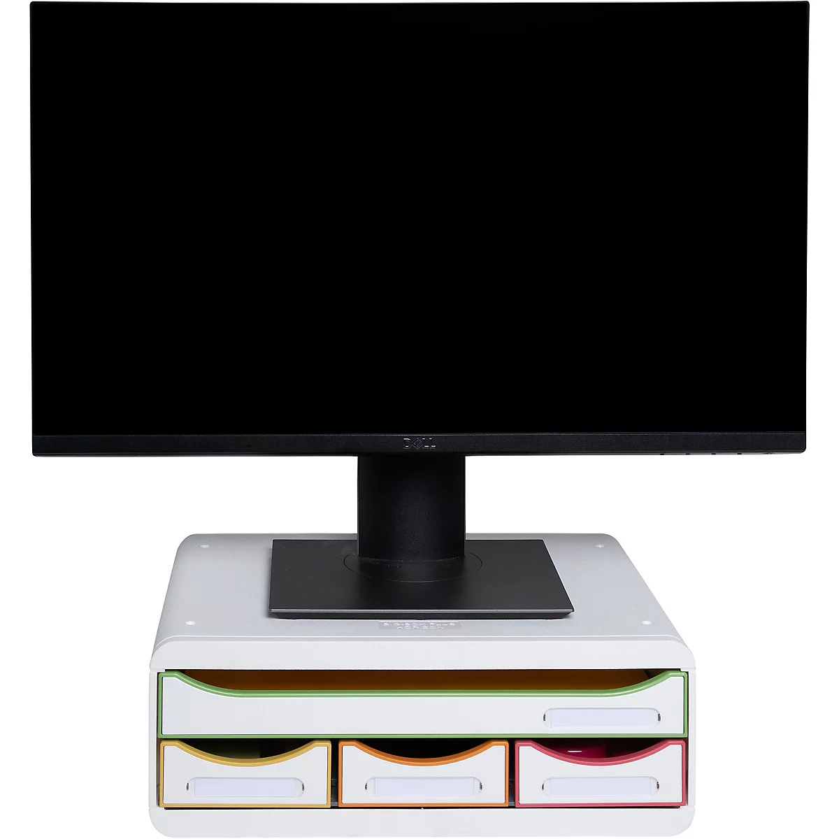 Ein Monitor steht auf einem weißen Ständer mit Schubladen in verschiedenen Farben. Der Bildschirm ist schwarz.