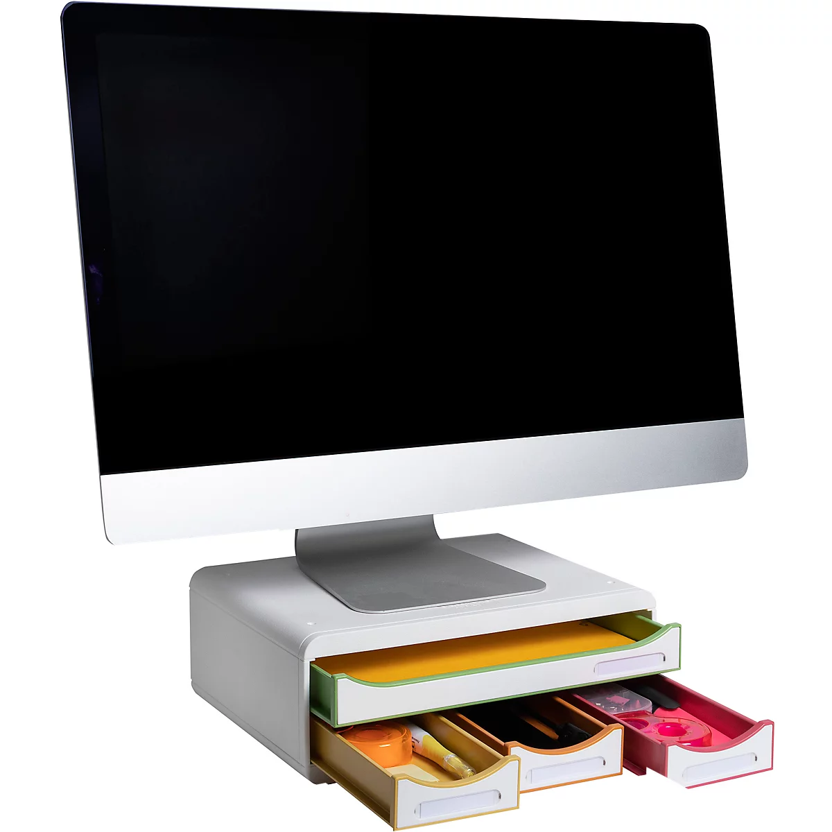 Ein grauer Monitor steht auf einem weißen Ständer mit bunten Schubladen. Oben ein breiter Bildschirm, darunter drei unterschiedlich farbige Schubladen.