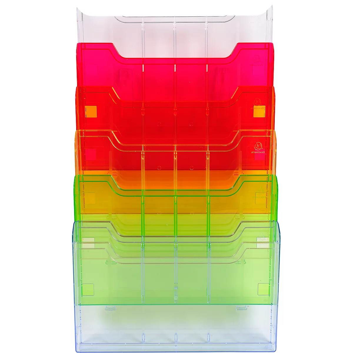 Multicolor plastic wandfile, transparant. Helder aan de bovenkant, dan roze, rood, oranje en groen. Elke laag heeft een bak.