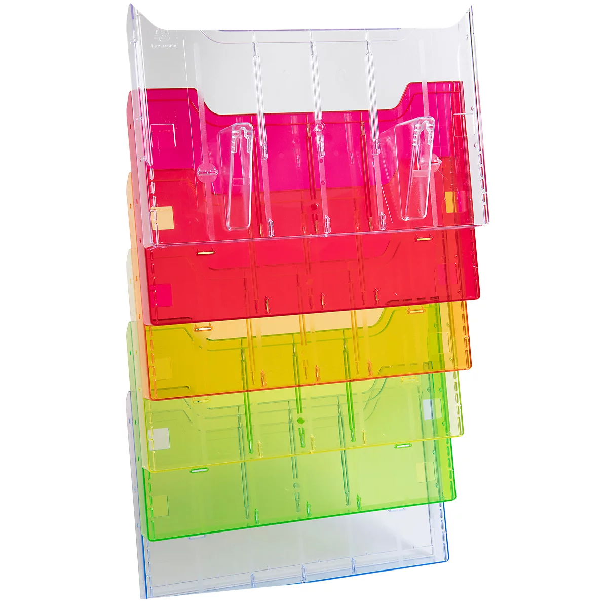 Gestapelte, transparente Ablagefächer in Pink, Rot, Gelb, Grün und Blau.