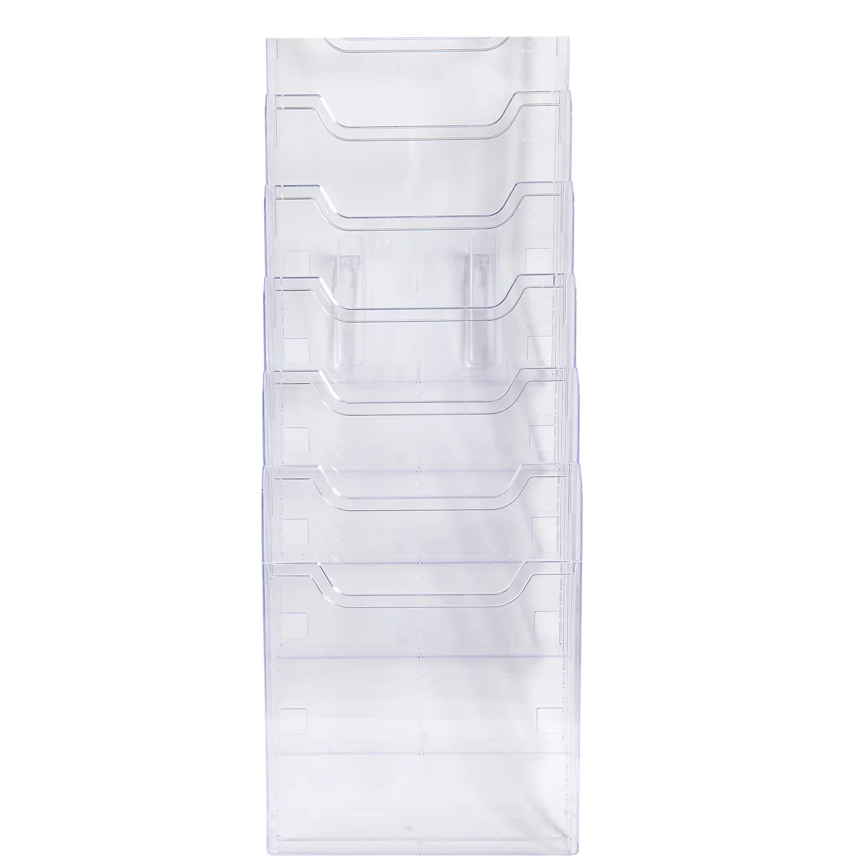 Transparenter Wandprospekthalter mit sechs Fächern. Der Halter ist aus Kunststoff gefertigt.