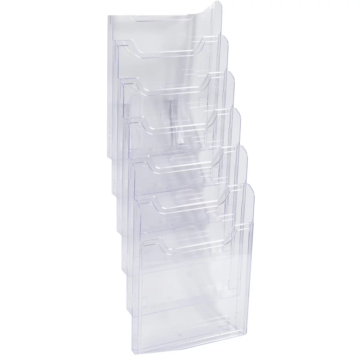 Transparenter Wandprospekthalter mit sechs Fächern. Der Halter ist aus Kunststoff und an der Wand befestigt.