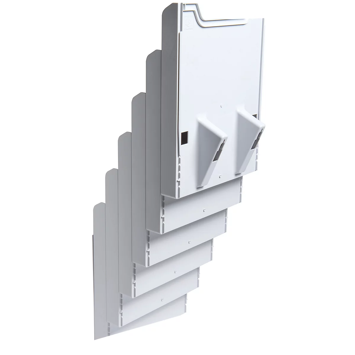 Weißes, gestuftes Kunststoffprodukt mit verschiedenen Ebenen und Winkeln. Auf der Rückseite sind zwei dreieckige Halterungen angebracht.