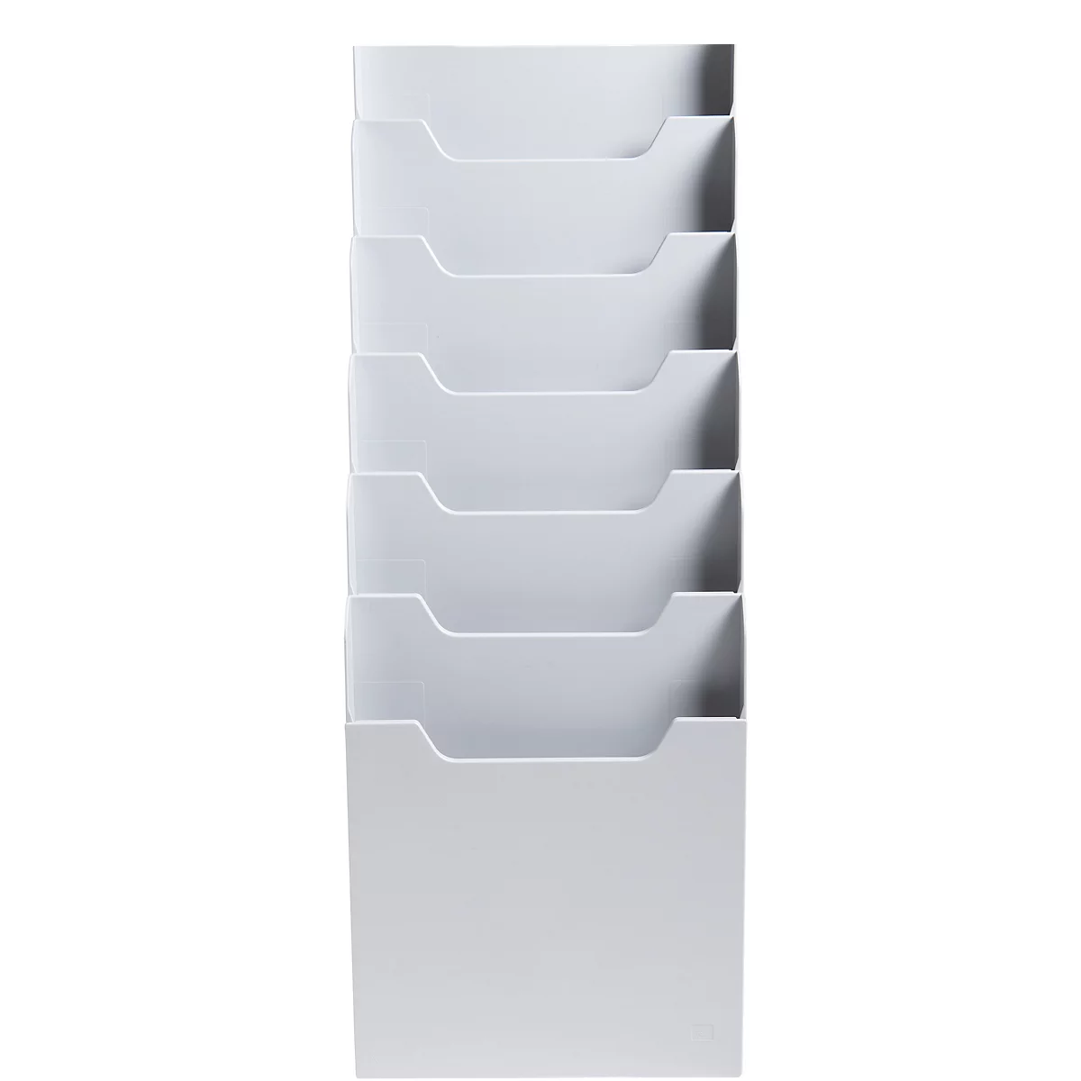 Weißes Wandmagazin mit sechs Fächern.
