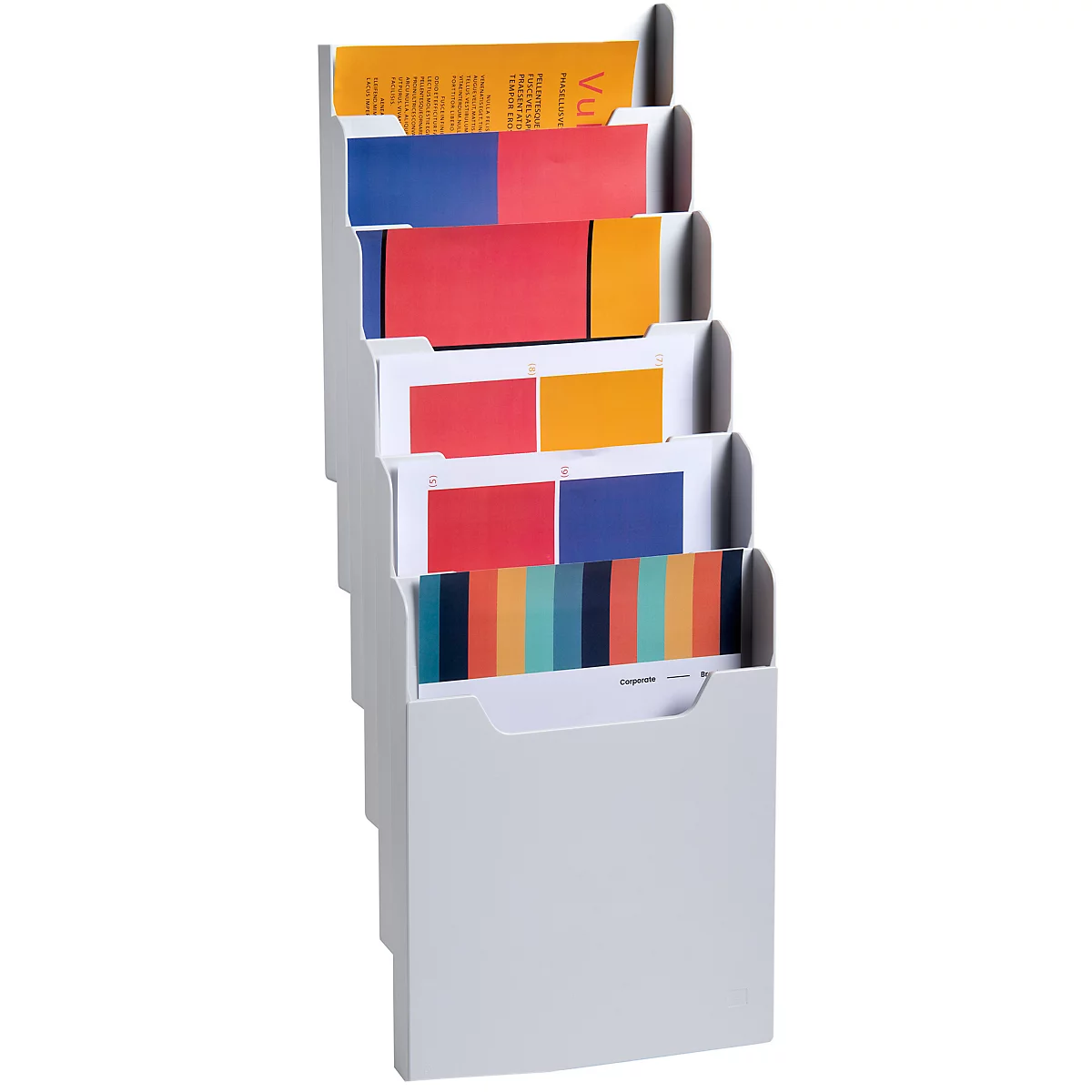 Grauer Wandorganizer mit farbigen Papieren. Etwa sechs Fächer sind gestaffelt angeordnet.