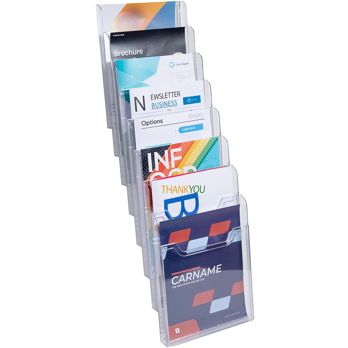 Transparenter Flyerhalter mit verschiedenen farbigen Flyern. Auf den Flyern stehen Texte wie "Brochure", "Newsletter Business" und "Thank You".