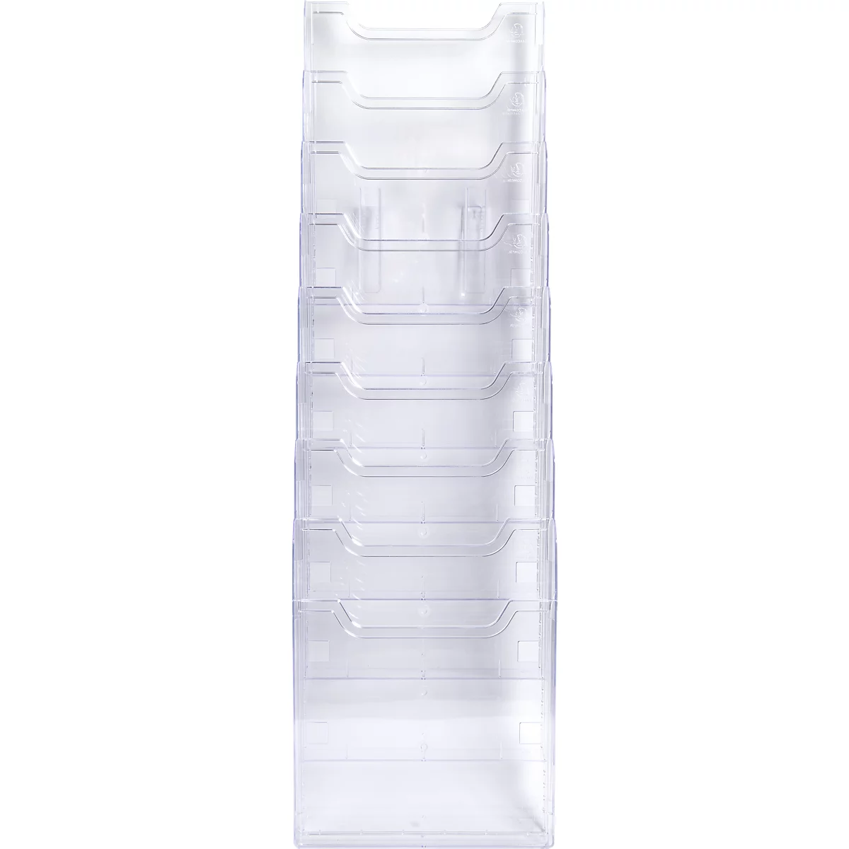 Transparenter Kartenhalter mit mehreren Fächern, vertikal angeordnet.