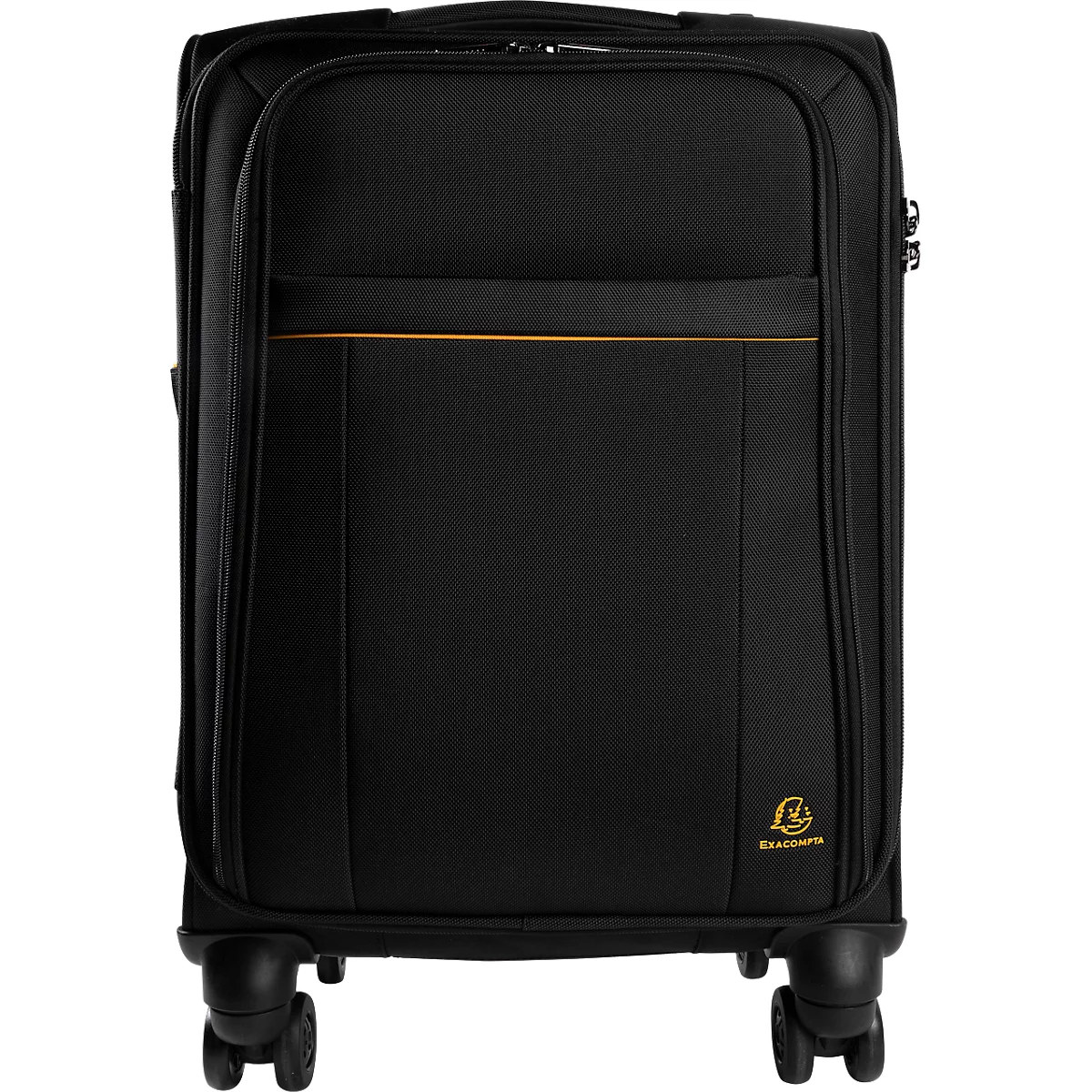 Valise noire, bande orange, logo en bas à droite, roues.