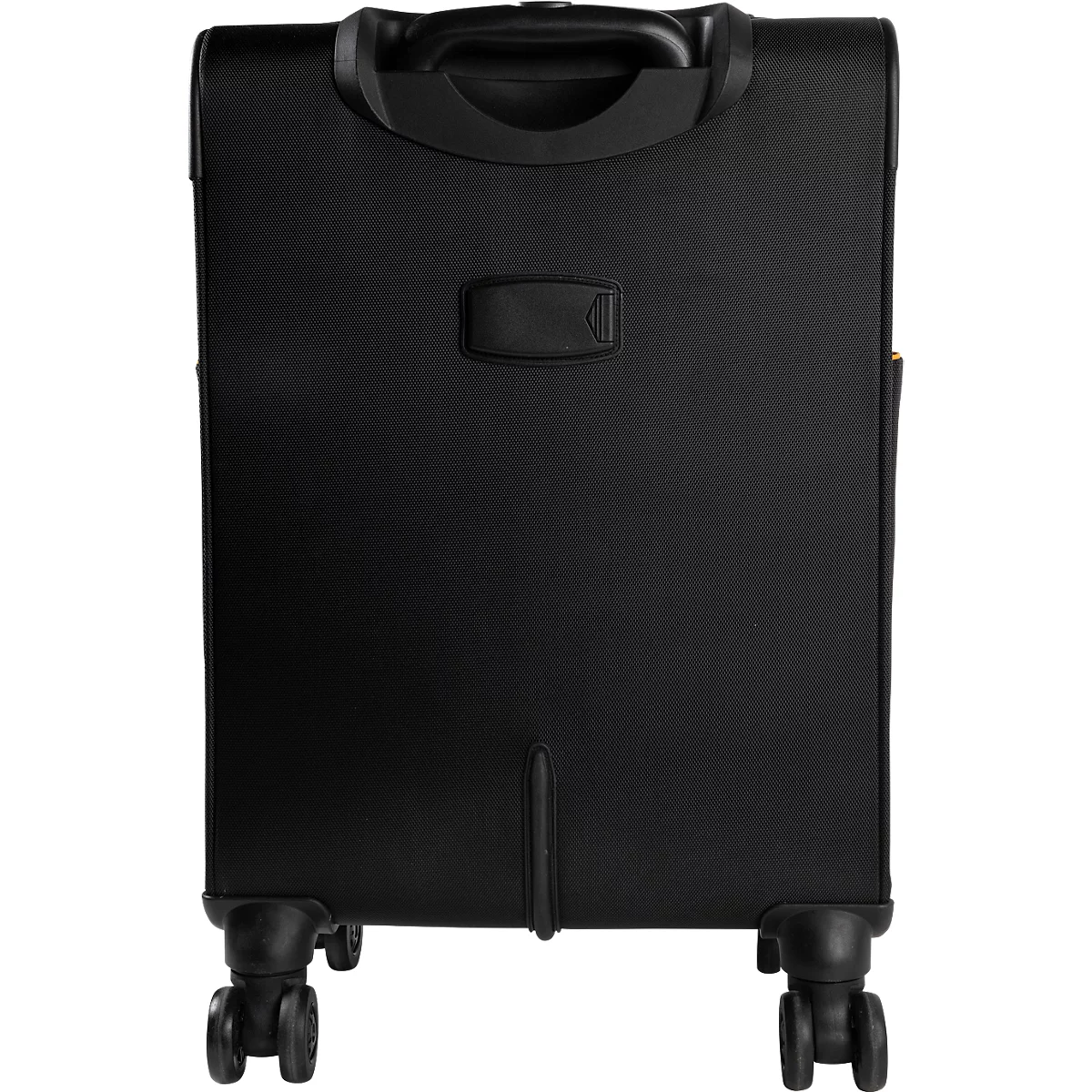 Dos d'une valise noire avec poignée, boucle et roues. Zone inférieure, matériau noir. Fente verticale.