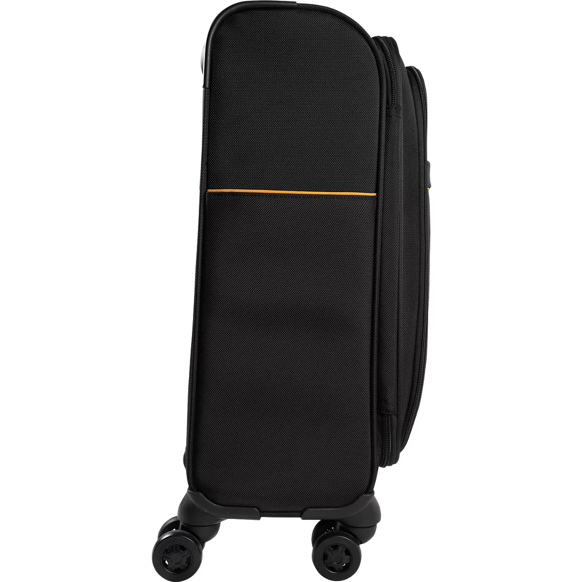 Valise noire, vue de côté. Forme arrondie en haut et en bas, bande jaune. Roues en bas.