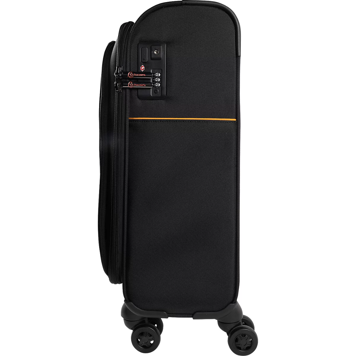 Profil d'une valise noire avec serrure à combinaison, garniture orange. Quatre roues.