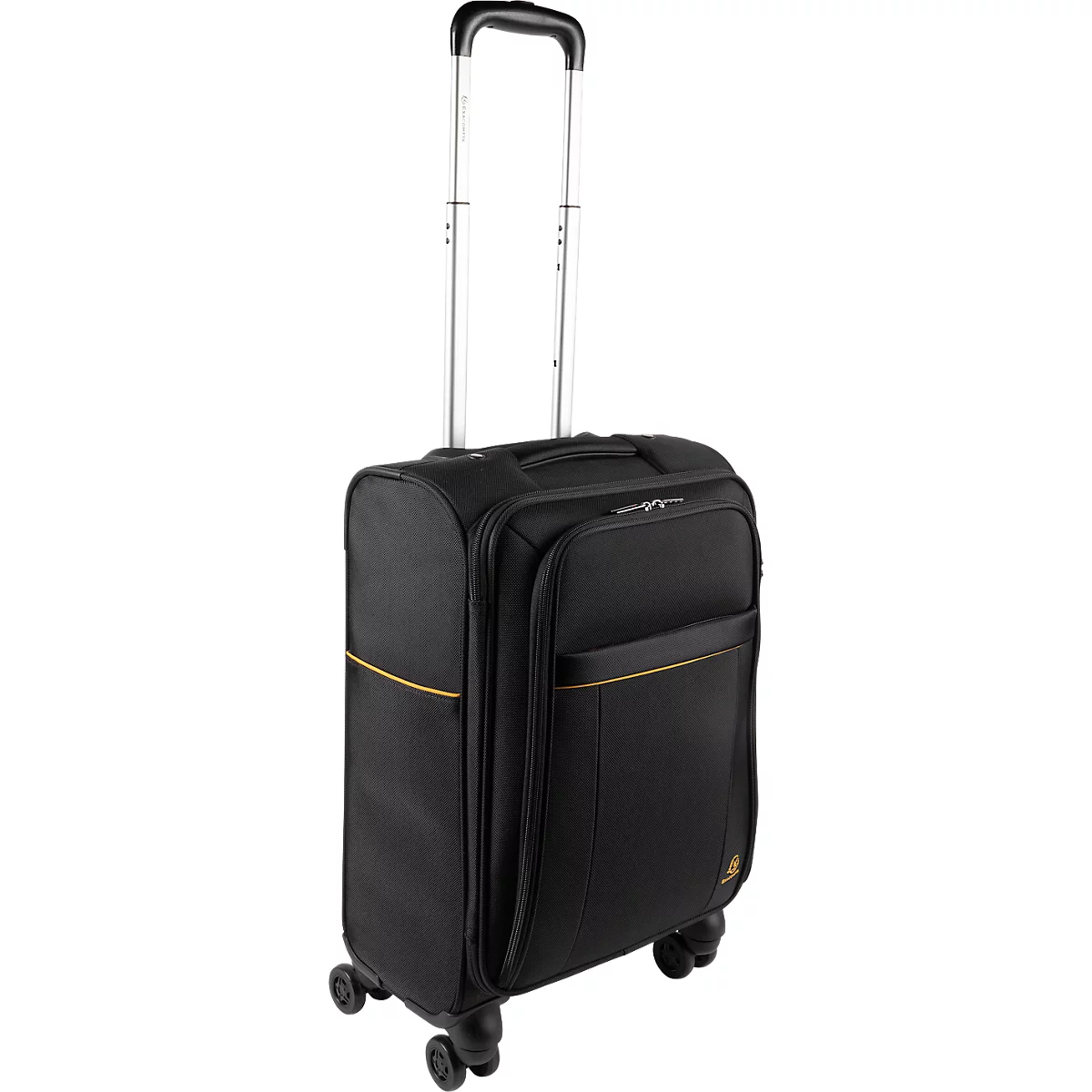 Valise à roulettes noire avec poignée extensible et surpiqûres décoratives jaunes.