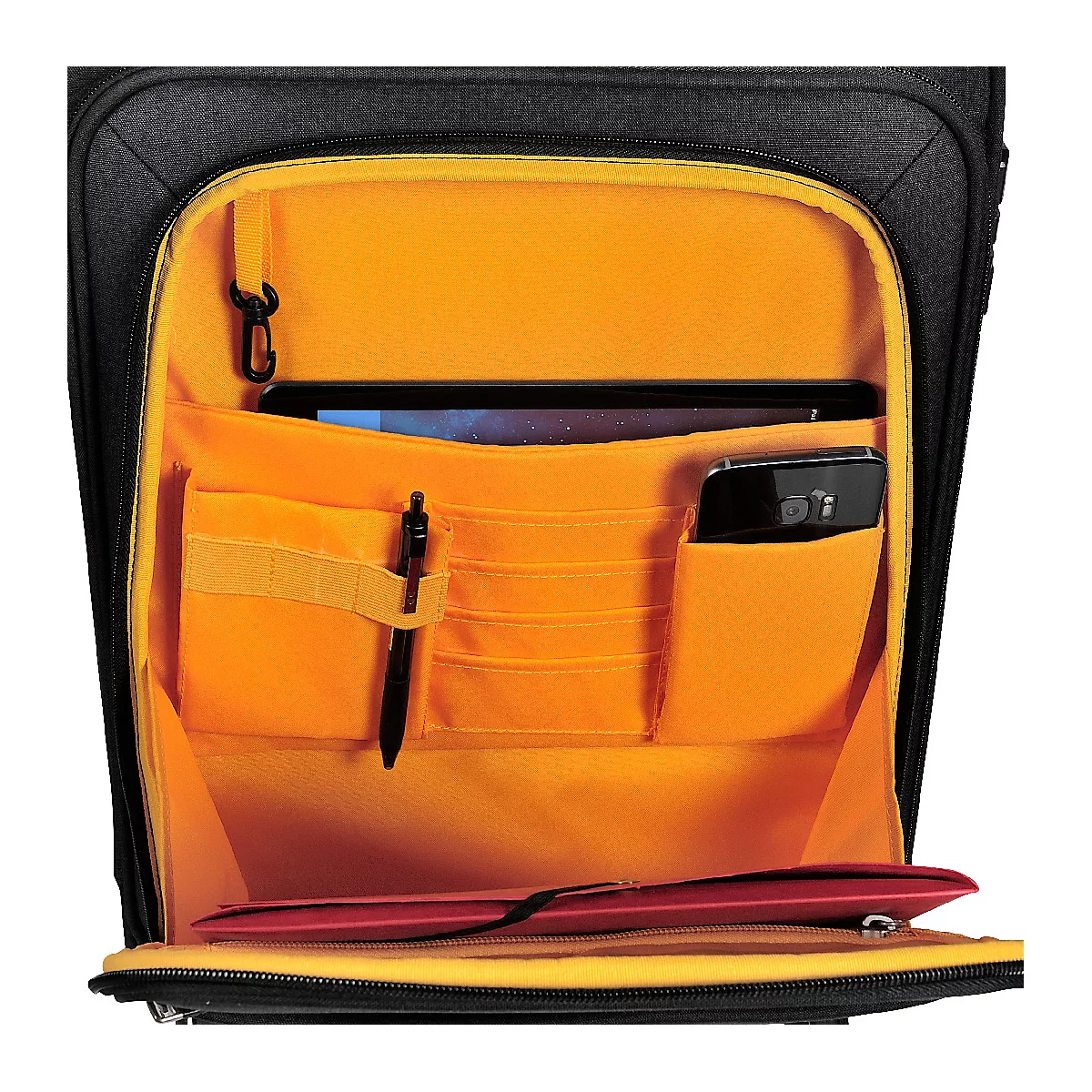 Valise noire avec doublure jaune, remplie d'une tablette, d'un smartphone, d'un stylo, d'un dossier.
