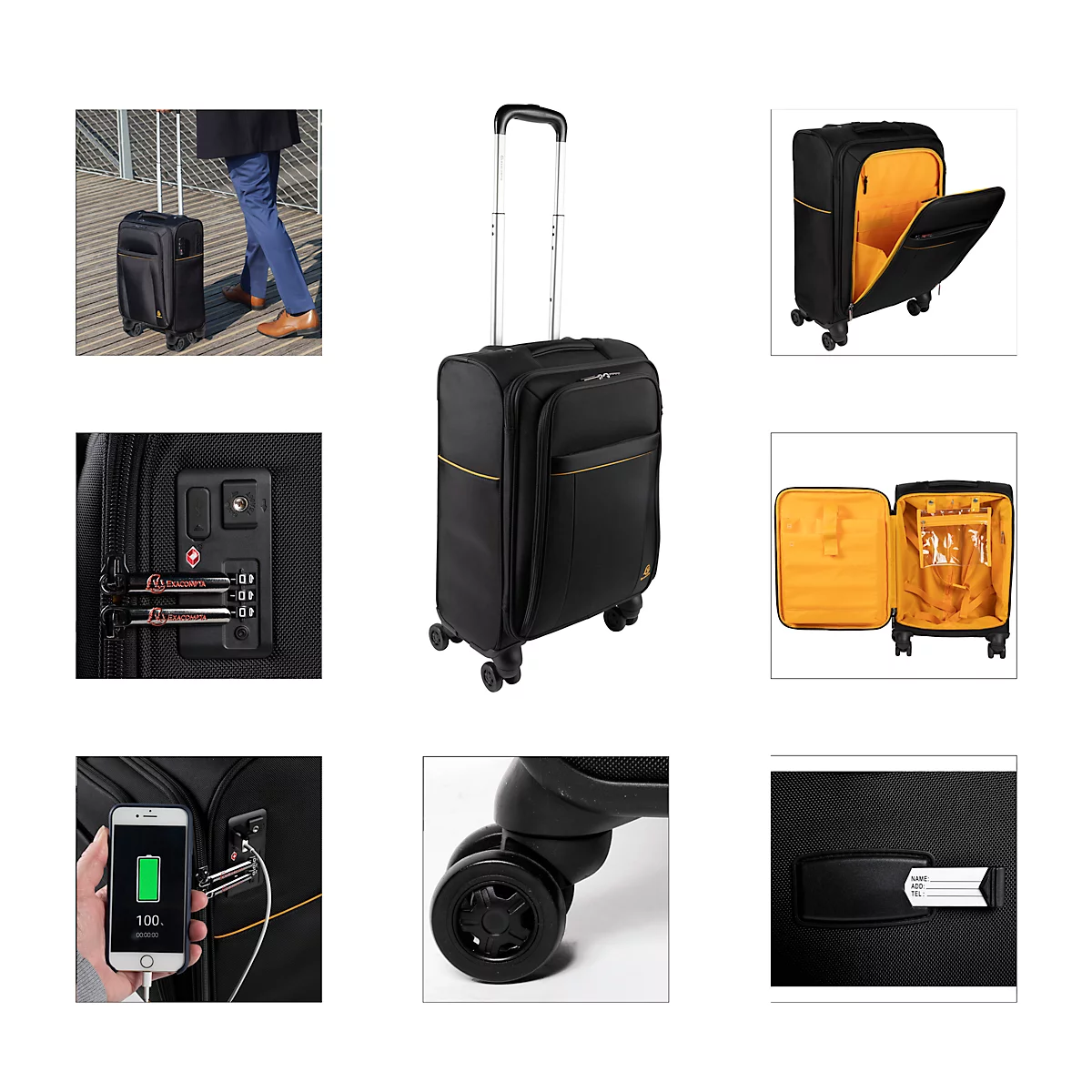 Valise noire avec poignée extensible, roues et intérieur avec doublure jaune. Des vues détaillées montrent la serrure, les roues et le port de chargement.